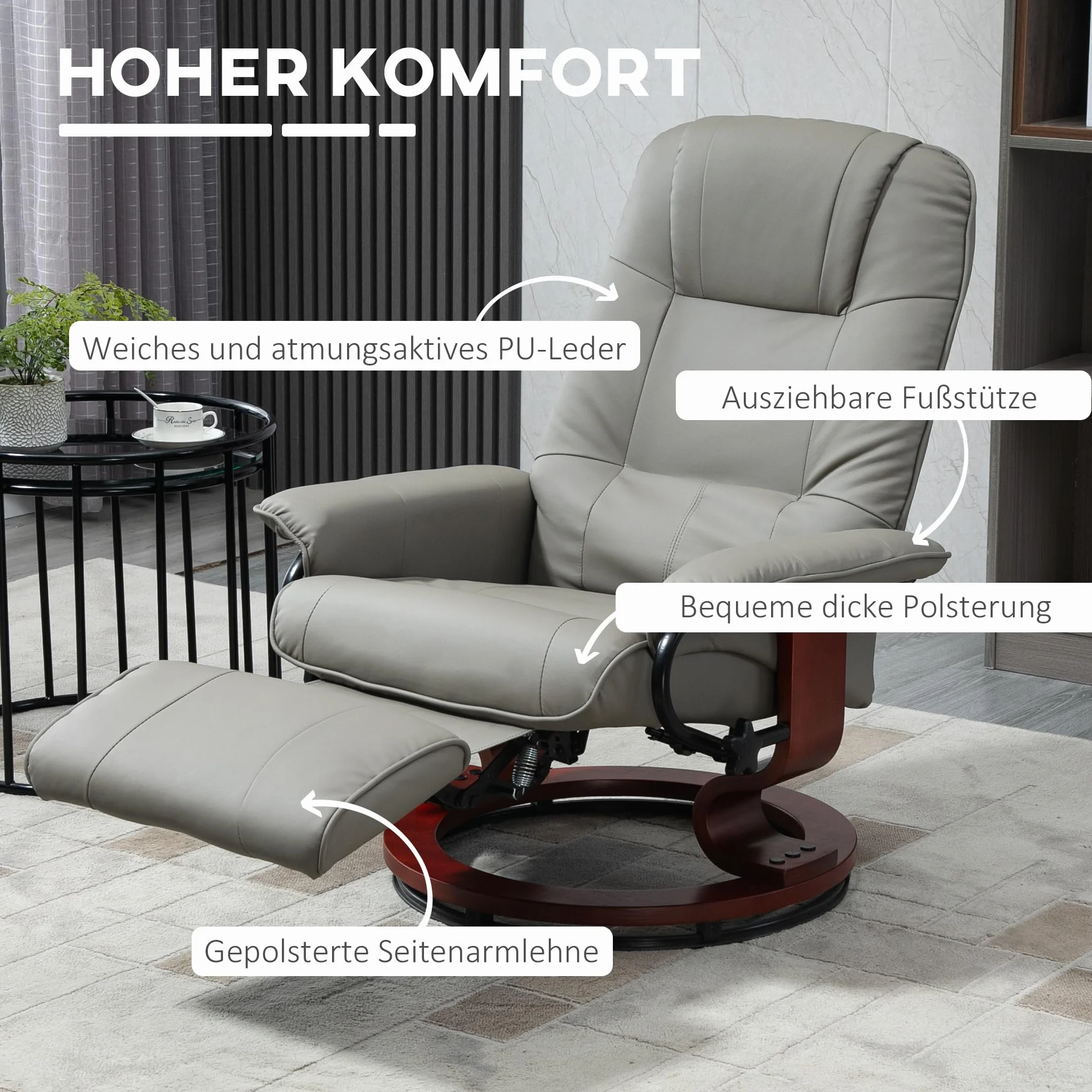 HOMCOM Relaxsessel mit Liegefunktion 360° Drehbar Fernsehsessel Verstellbare Rückenlehne Fußstütze Kunstleder Grau
