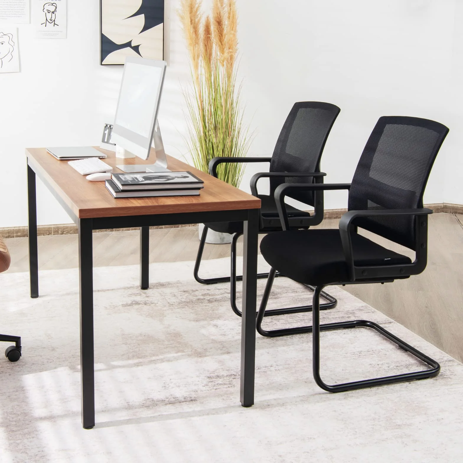 COSTWAY Freischwinger Stuhl, Schwingstuhl mit Armlehne, Konferenzstuhl, Bürostuhl, Computerstuhl bis 136kg belastbar, Besucherstuhl für Büro, Konferenzraum, Arbeitszimmer