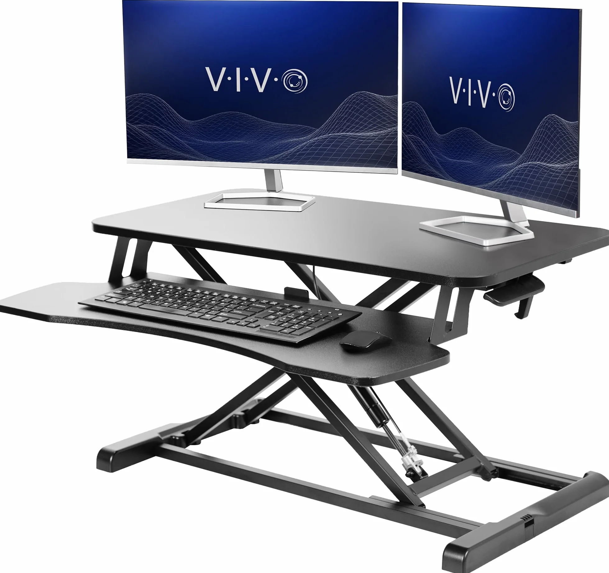 VIVO 32” Stehpult-Konverter mit höhenverstellbarem Aufsatz, Steh-Sitz-Arbeitsplatz für zwei Monitore und Laptop, mit breiter Tastaturablage, Schwarz, DESK-V000K