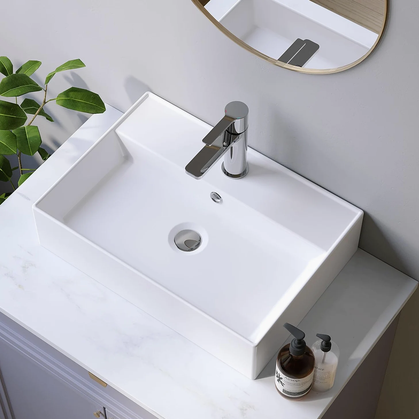Waschbecken aus Keramik Eckig 50 x 35 cm Aufsatzwaschbecken für Waschtisch Unterschrank Waschplatz Gäste WC Hängewaschbecken Handwaschbecken Weiß Wandhängend mit Hahnloch Überlauf Stockschrauben M10
