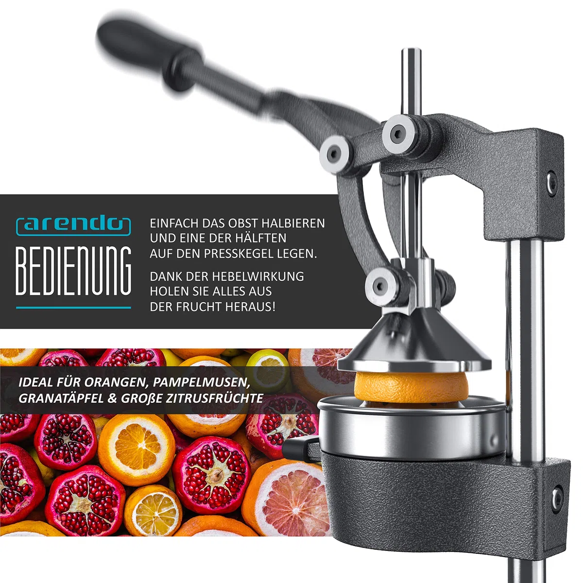 Arendo - Manuelle Saftpresse - Zitruspresse und Orangenpresse - Professioneller Zitrus-Entsafter - Edelstahl Zitronenpresse - Hochwertige manuelle Orangensaft- und Limettenpresse