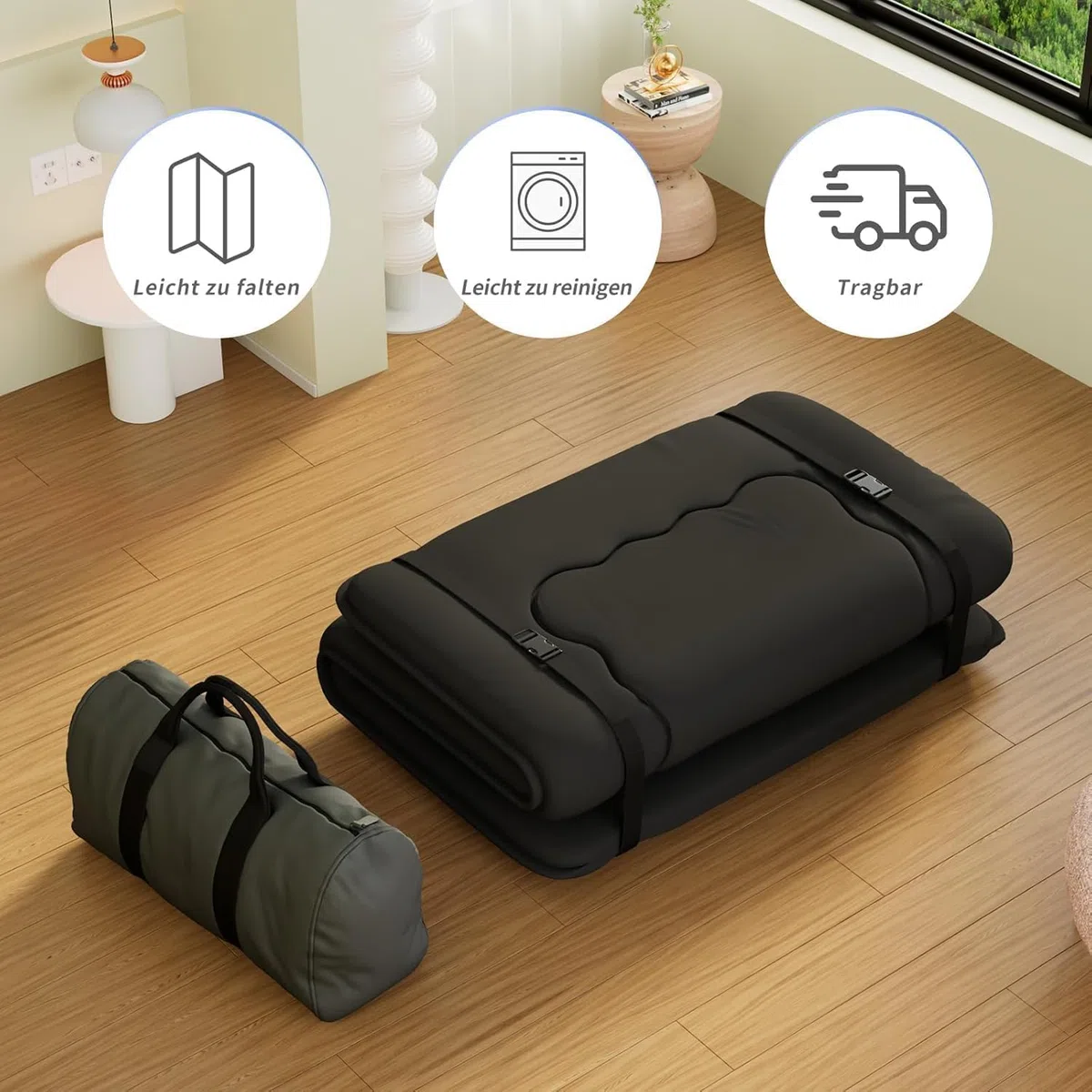 Kiseely Japanische Futon-Matratze, Faltbare Tatami-Matte, tragbare Schlafunterlage mit Tasche und Gurt, Bodenmatratze, verdickte Schlafmatratze, Camping-Matratze (Schwarz YU1, 90X200cm)