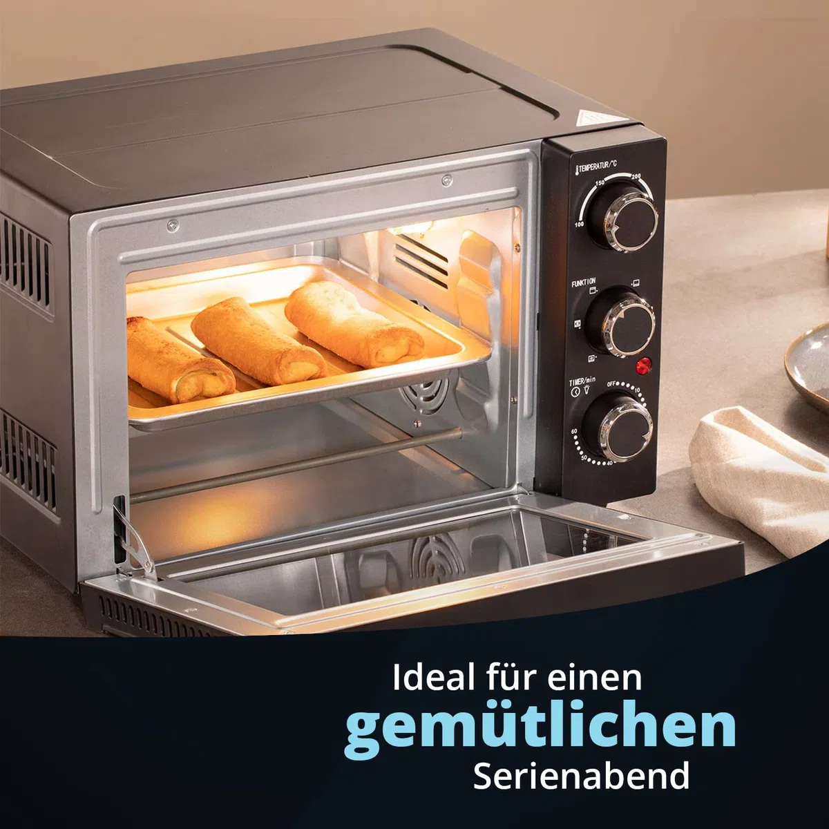 KHG Minibackofen MBO-15S in schwarz mit Umluft, Ober-/Unterhitze, 15l Garraum, Brotbackofen, inkl. 6 Funktionsstufen, Timer, Innenbeleuchtung, Backblech, Entnahmegriff, Grillrost