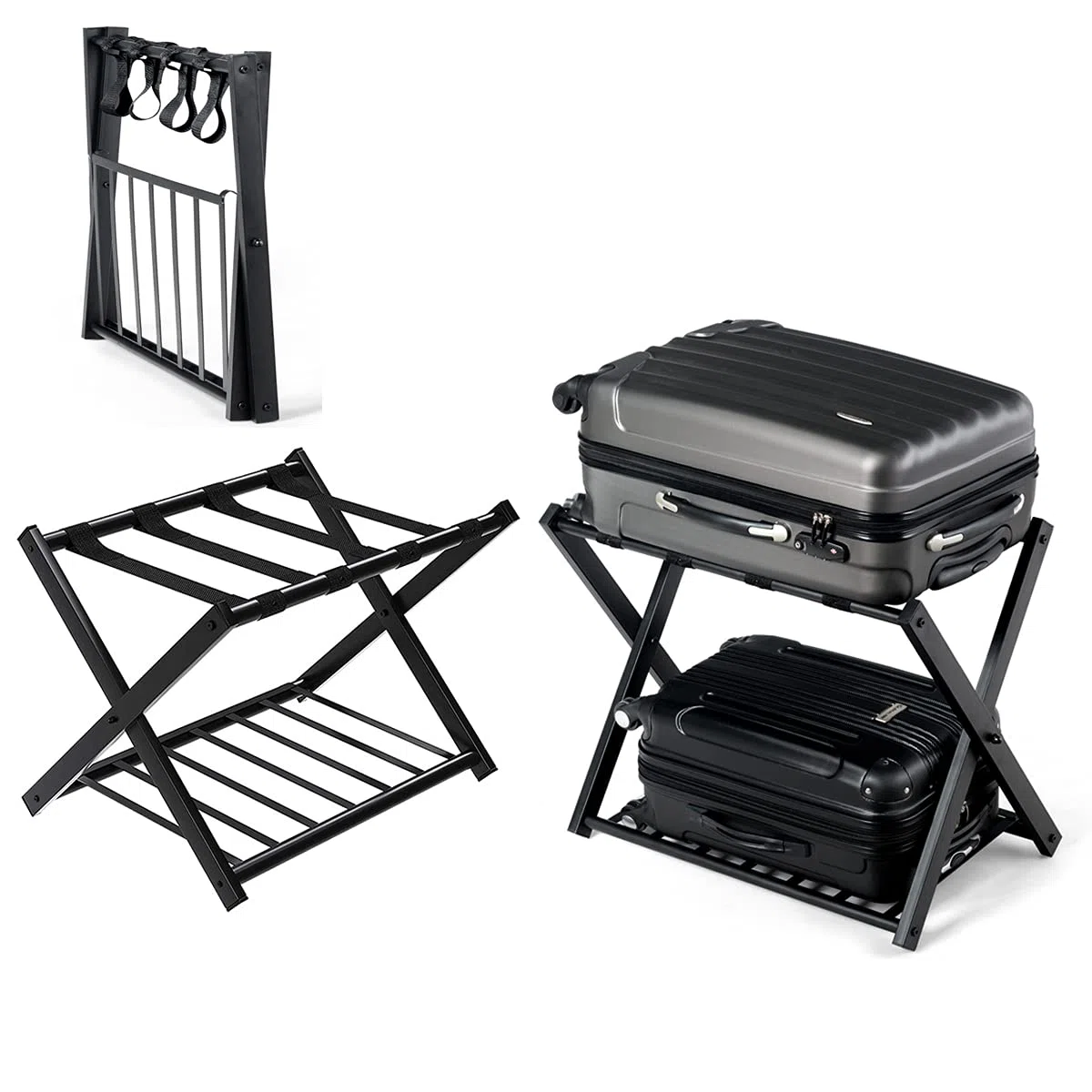 RELAX4LIFE Kofferständer Metall, Kofferablage mit 2 Ebenen, Gepäckablage klappbar, Kofferbock mit 4 Gurten, Gepäckständer für Schlafzimmer Gästezimmer Hotel, Kofferablage für Gepäck, Schwarz (2 Pack)