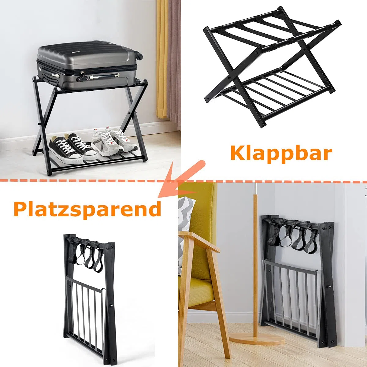 RELAX4LIFE Kofferständer Metall, Kofferablage mit 2 Ebenen, Gepäckablage klappbar, Kofferbock mit 4 Gurten, Gepäckständer für Schlafzimmer Gästezimmer Hotel, Kofferablage für Gepäck, Schwarz (2 Pack)