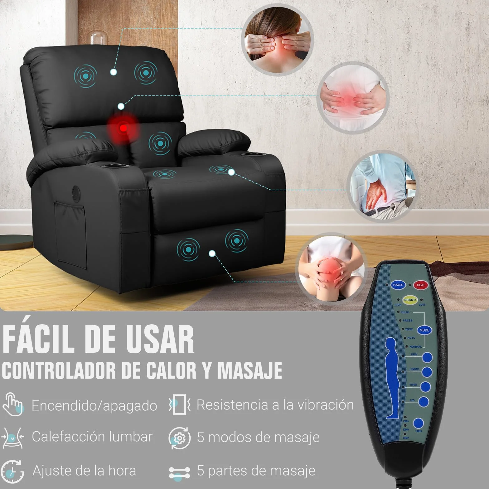 Schaukelstuhl mit Relaxfunktion, Massagesessel mit Vibration und Wärme, USB- und Type-C-Anschlüsse, 360° drehbar, Kunstleder, Schwarz