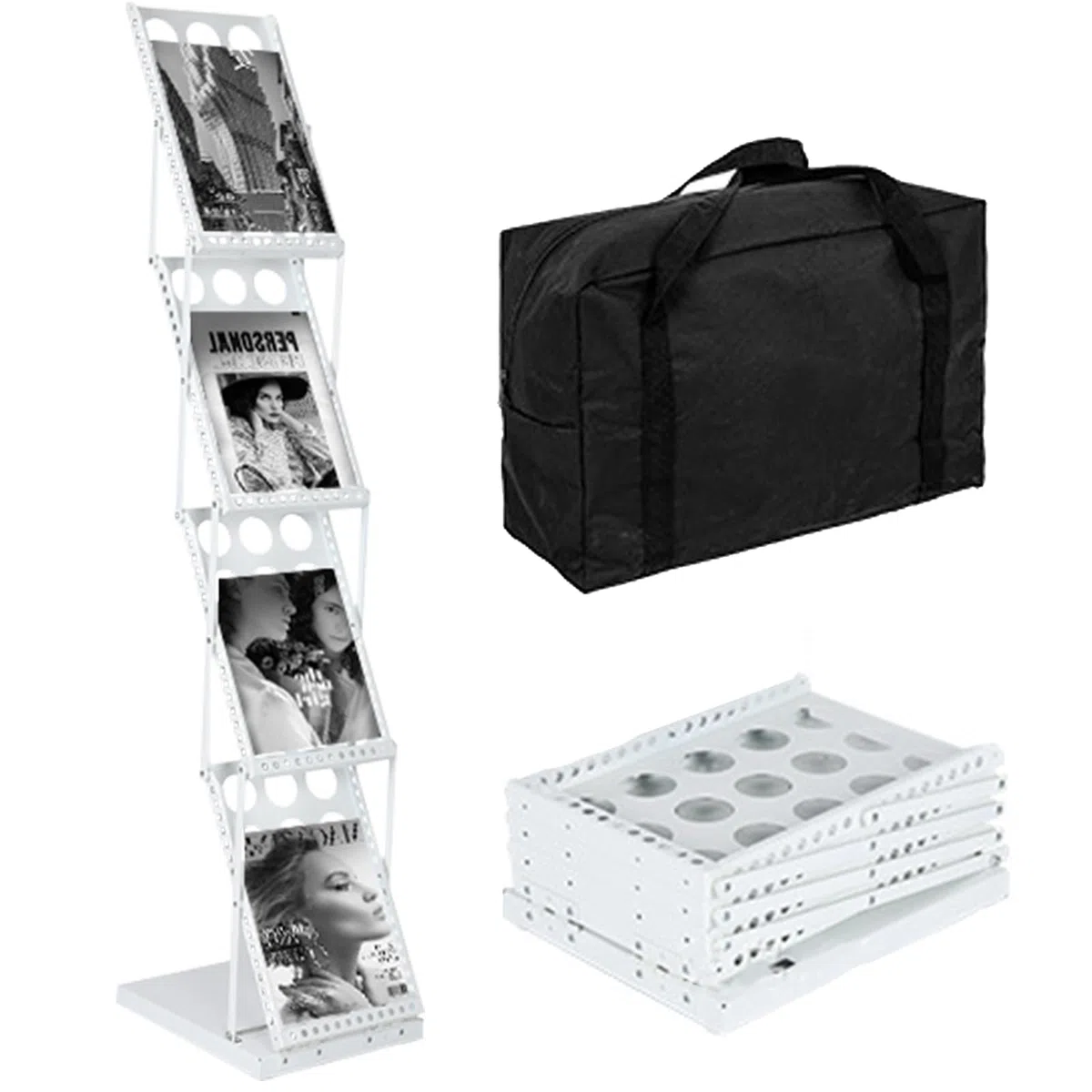 A4 Broschüre Magazin Katalog Literatur Display, Katalogständer Tragbar aus Metall, Schwarz, Inkl Lochdesign mit Tasche, faltbare Magazinhalter Prospektständer Flyerständer(Weiß)