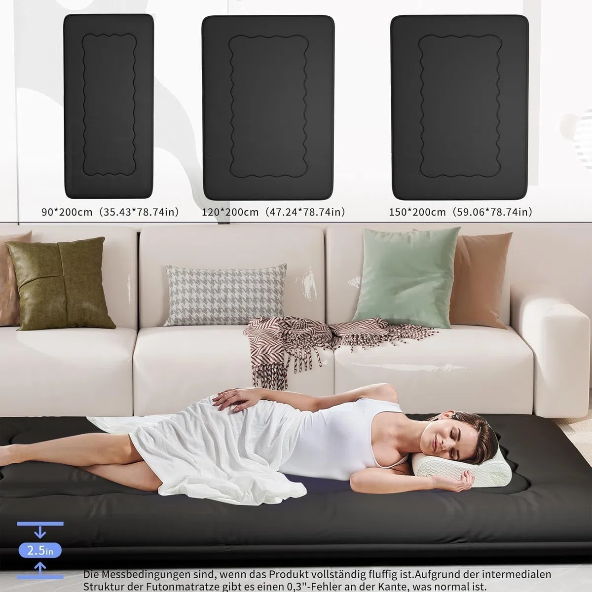 Kiseely Japanische Futon-Matratze, Faltbare Tatami-Matte, tragbare Schlafunterlage mit Tasche und Gurt, Bodenmatratze, verdickte Schlafmatratze, Camping-Matratze (Schwarz YU1, 90X200cm)