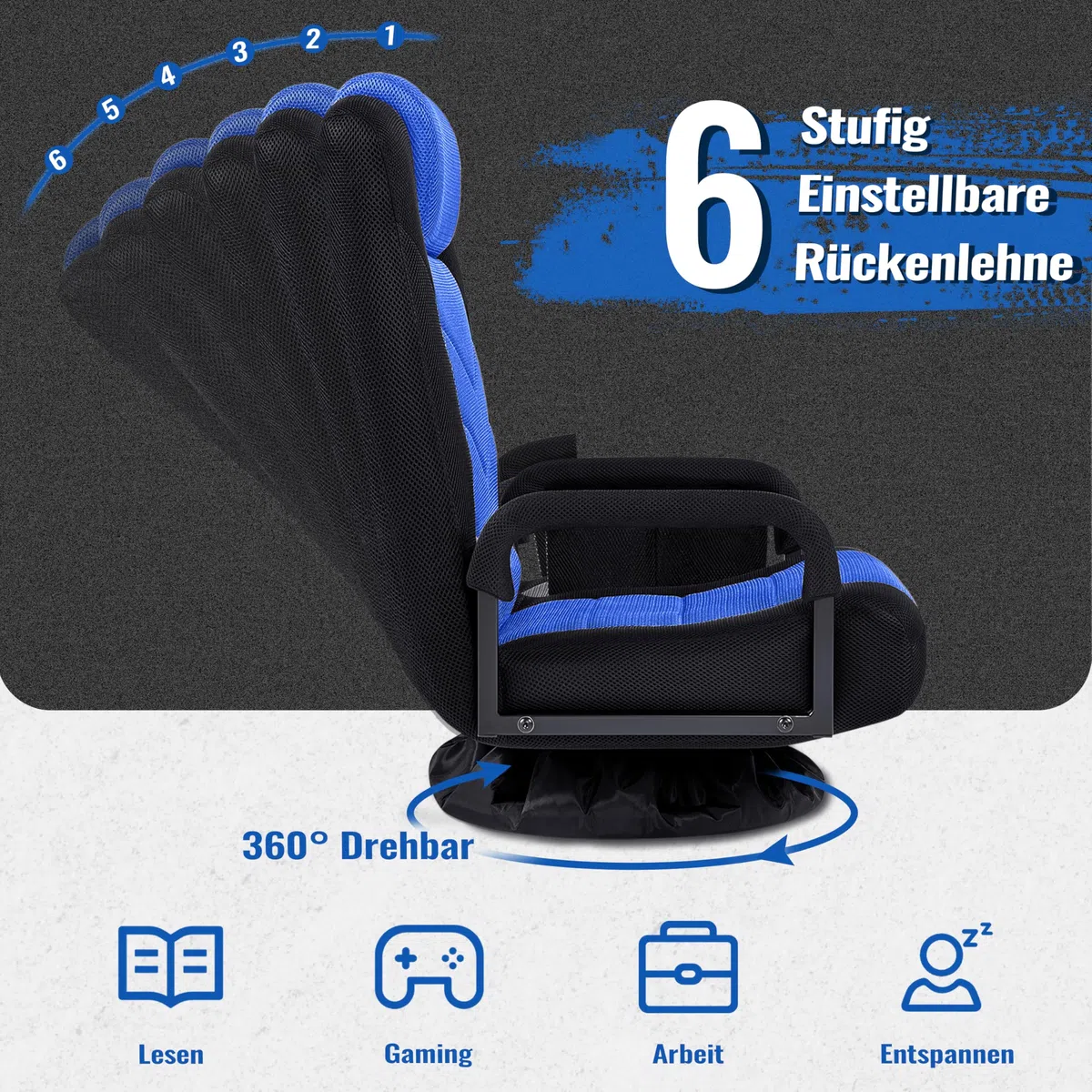 Yaheetech Bodenstuhl 360° Drehbar, Bodensessel 6-stufig Verstellbar, Klappbarer Boden Gaming Stuhl mit Armlehne & Praktischer Tasche, Bodensofa für Wohnzimmer/Schlafzimmer/Büro, Schwarz & Blau
