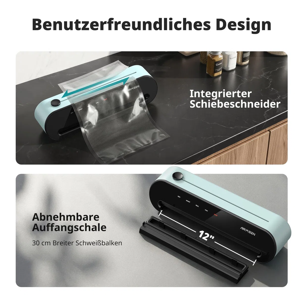 AIRMSEN 6-in-1 Vakuumiergerät Vollautomatisch mit Aufblasfunktion, Leistungsstarke Tiefenabsaugung, Einhand-Bedienung mit Cutter & Schlauchaufbewahrung, Starter-Kit, Mintgrün