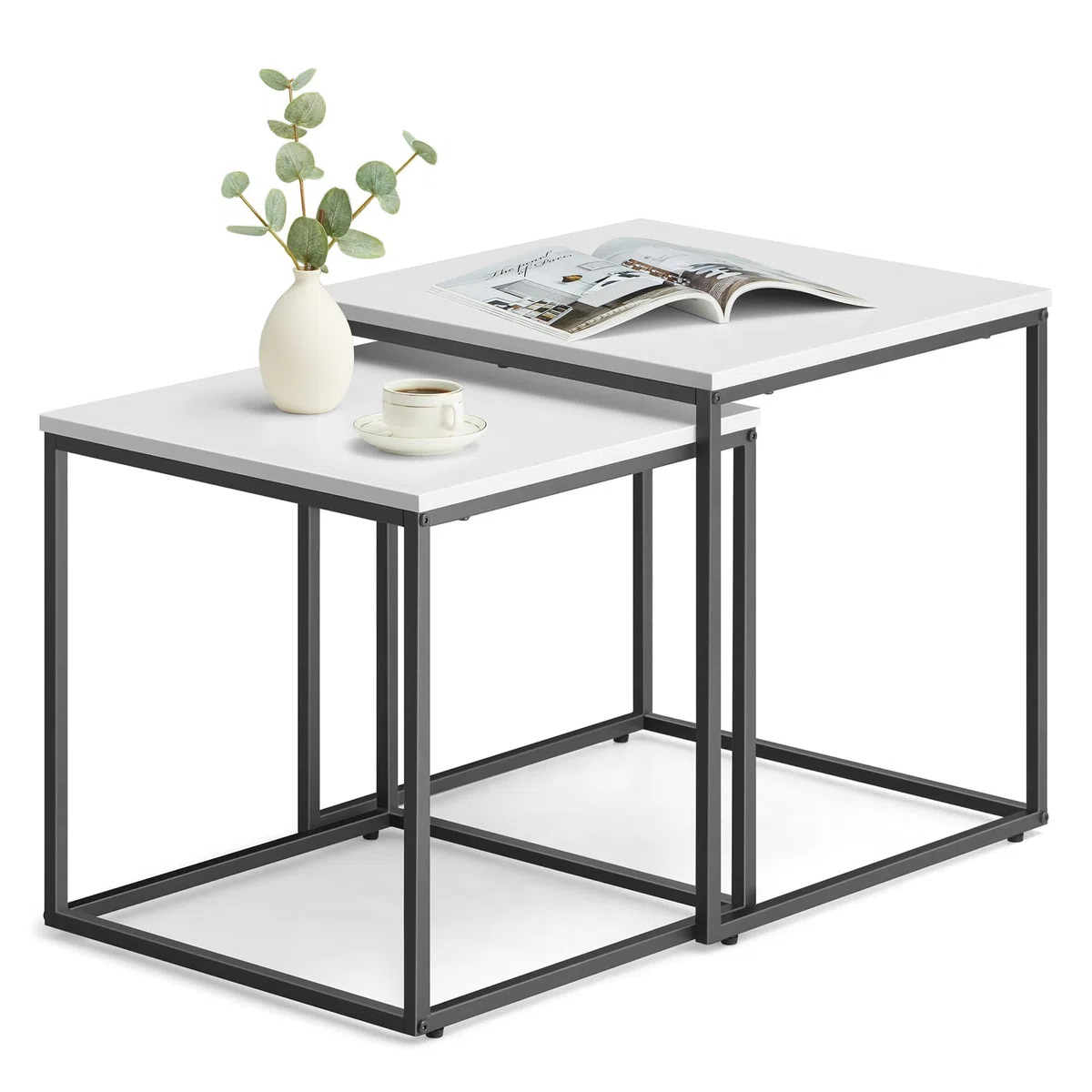 Couchtisch quadratisch 2er Set für Wohnzimmer – Beistelltische im Loft-Design, ineinander schiebbar, Sofatische aus Holzwerkstoff und Stahl, modern, platzsparend (Weiß)