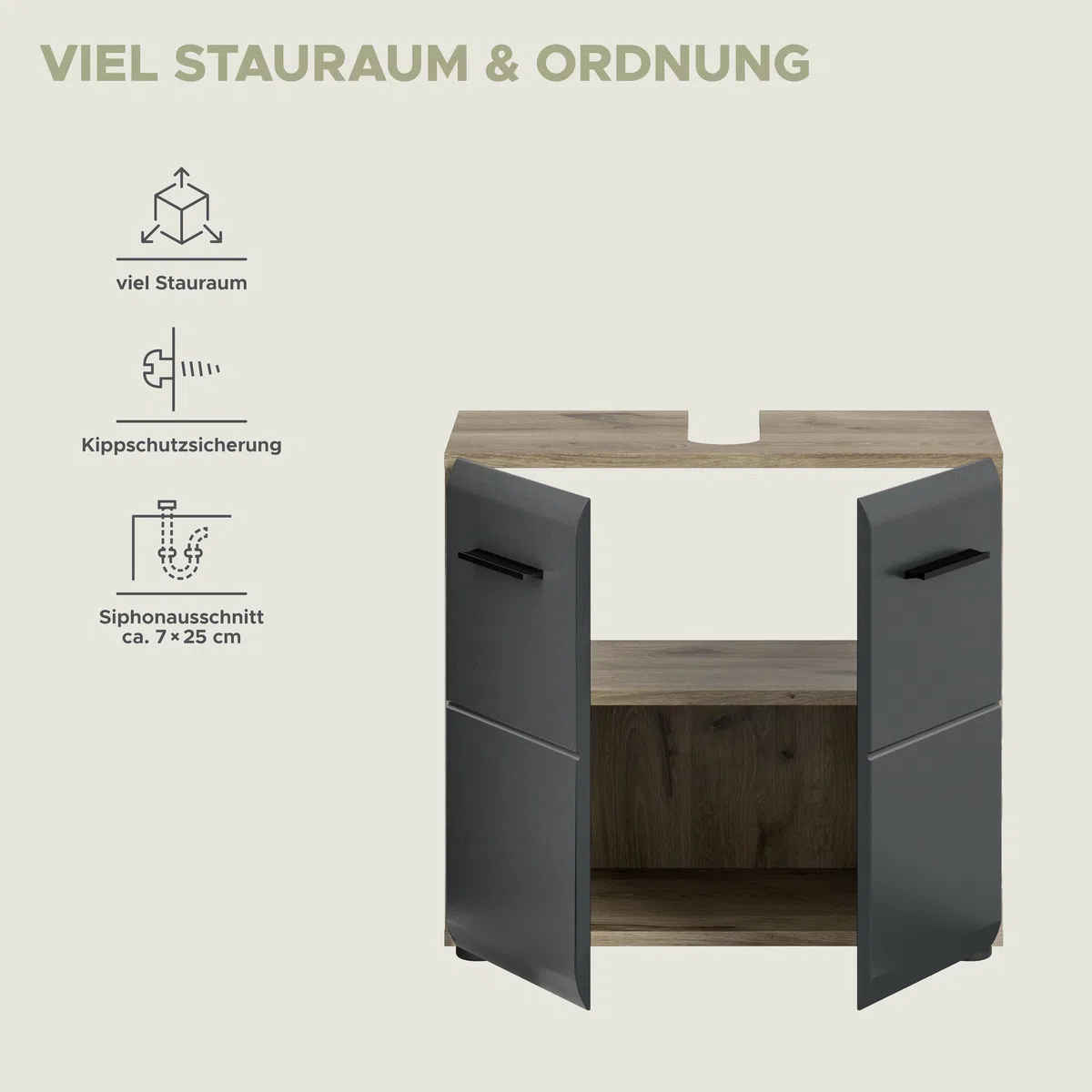 xonox.home – Waschbeckenunterschrank Ice 60x54x30 cm in Korpus Nox Oak Nachbildung und Front schwarz matt – Stilvoller Unterschrank für Waschbecken – elegant & kompakt