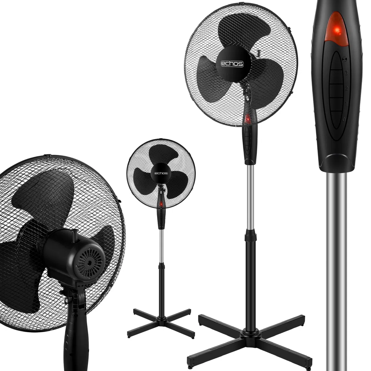 Echos® Standventilator Ø43cm kraftvoller Ventilator sehr leise energiesparend hoher Luftdurchsatz 3 Stufen Oszillationsfunktion 90° höhenverstellbar Bodenventilator mobiler Luftkühler Standlüfter