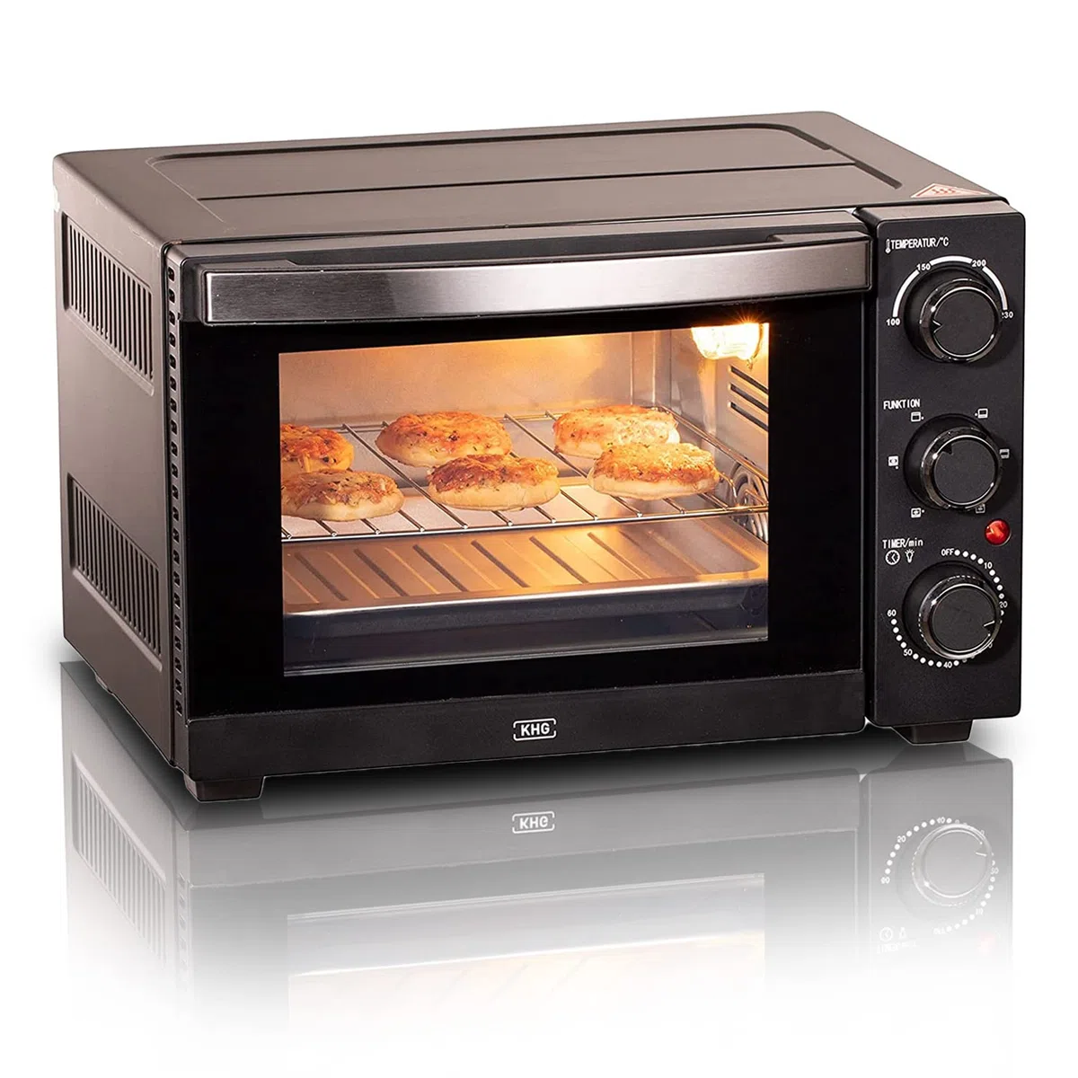 KHG Minibackofen MBO-15S in schwarz mit Umluft, Ober-/Unterhitze, 15l Garraum, Brotbackofen, inkl. 6 Funktionsstufen, Timer, Innenbeleuchtung, Backblech, Entnahmegriff, Grillrost