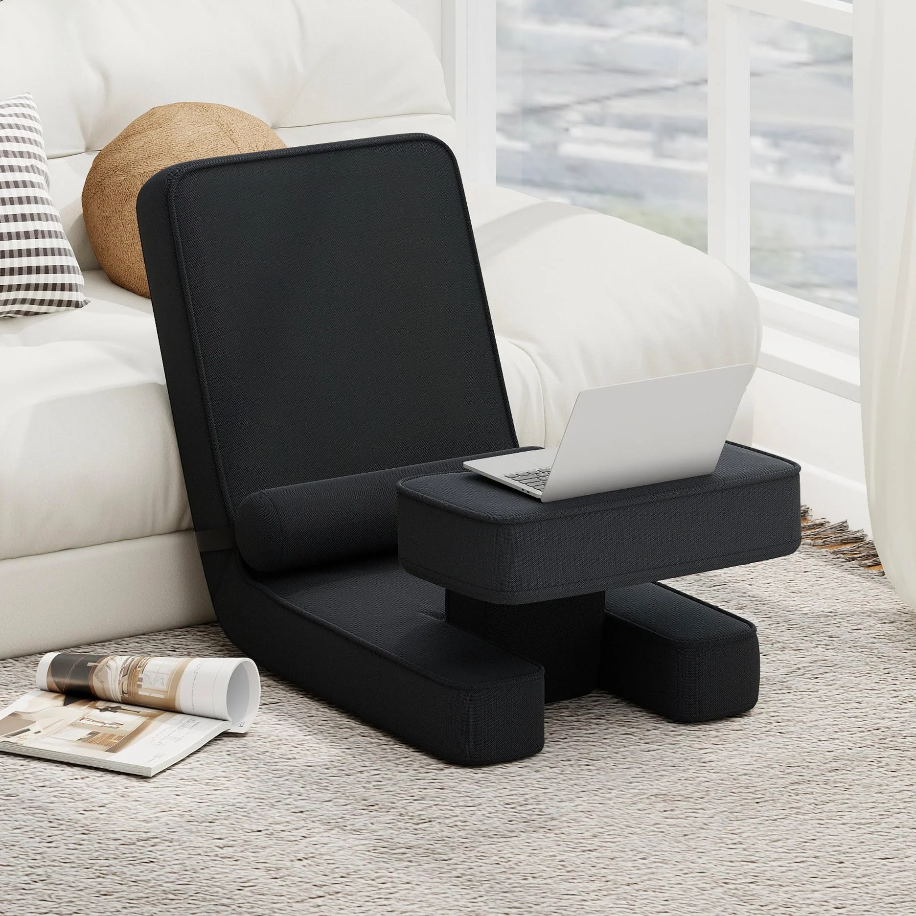COSTWAY Bodenstuhl klappbar, Bodensessel mit Verstellbarer Rückenlehne & Kopfstütze, Bodensitz gepolstert mit Fußablage & Tischplatte, Bodensofa für Wohnzimmer, Schlafzimmer, Gästezimmer