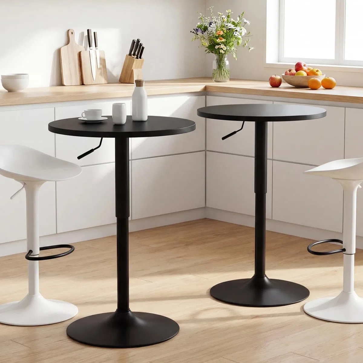 2er Set 2in1 Bartisch Runder Bistrotisch, Stehtisch 360° Drehbar Höhenverstellbar 70–91.5cm, Ø 60cm Partytisch aus Metall für Klub Wohnzimmer Küche Balkon Bar, Schwarz