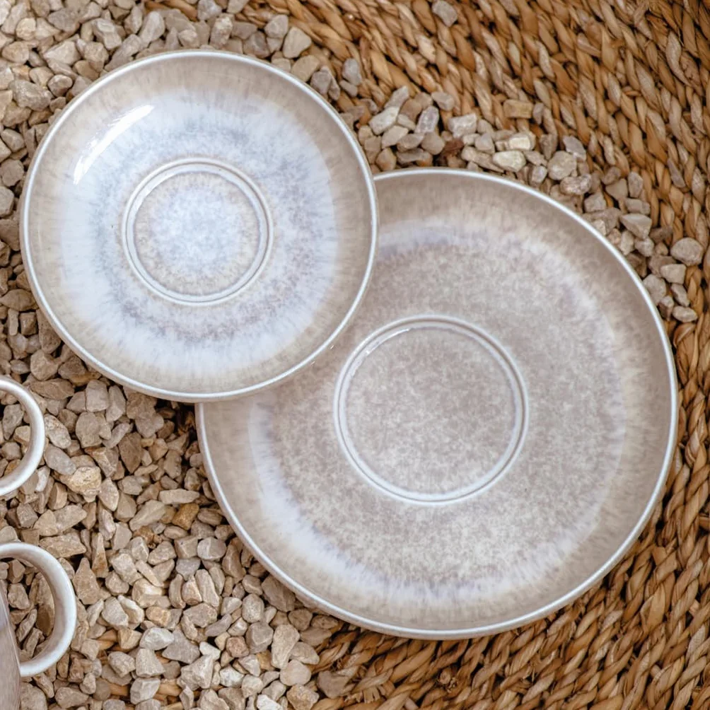 Villeroy & Boch like. by Perlemor Sand Kaffeeuntertassen 6er Set, 16 x 3 cm, Untertasse im Pottery Look mit Effektglasur, Premium Porzellan