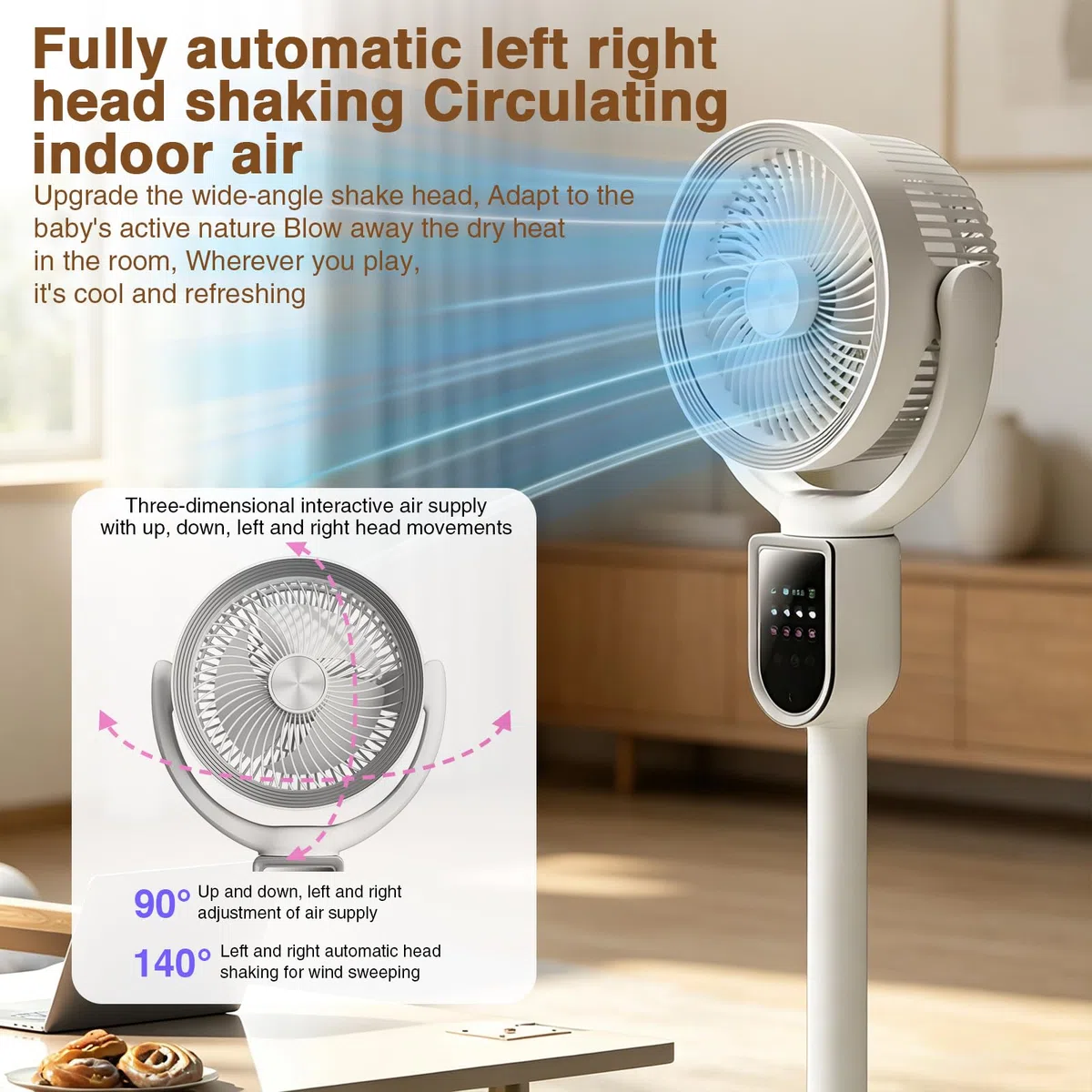 Standventilator, Ventilator leise 20 dB mit Fernbedienung,30m Wurfweite,Luftzirkulator 90° und 140° Oszillation,Fan mit Fernbedienung und Kühlung,3 in 1 höhenverstellbar, 4 Modi/4 Stufen/Timer (A)