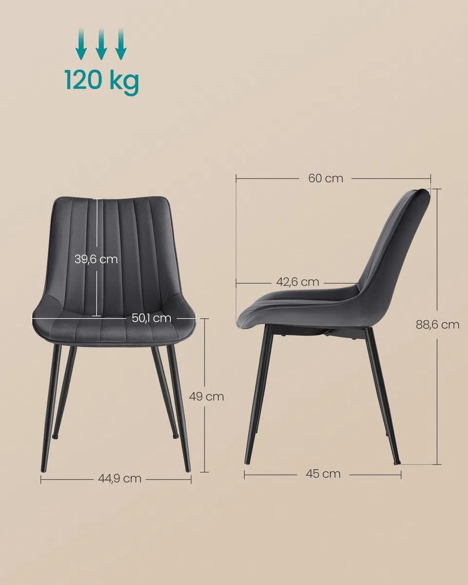 SONGMICS Esszimmerstuhl 2er Set, Küchenstuhl, Samt,Polsterstuhl, bis 120 kg belastbar, Stahlbeine, Gebogene Rückenlehne, für Esszimmer, Küche, grau-tintenschwarz LDC090G05