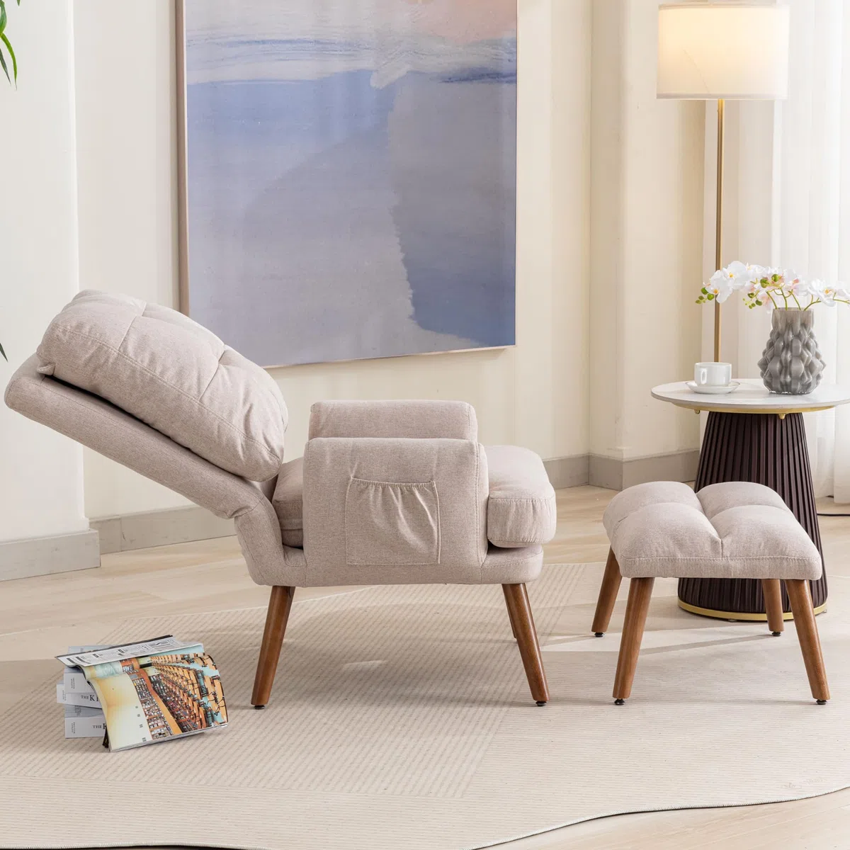 Merax Relaxsessel mit 10-stufig Liegefunktion, Bequemer Sessel mit Hocker, Fernsehsessel mit Seitentaschen, Beige