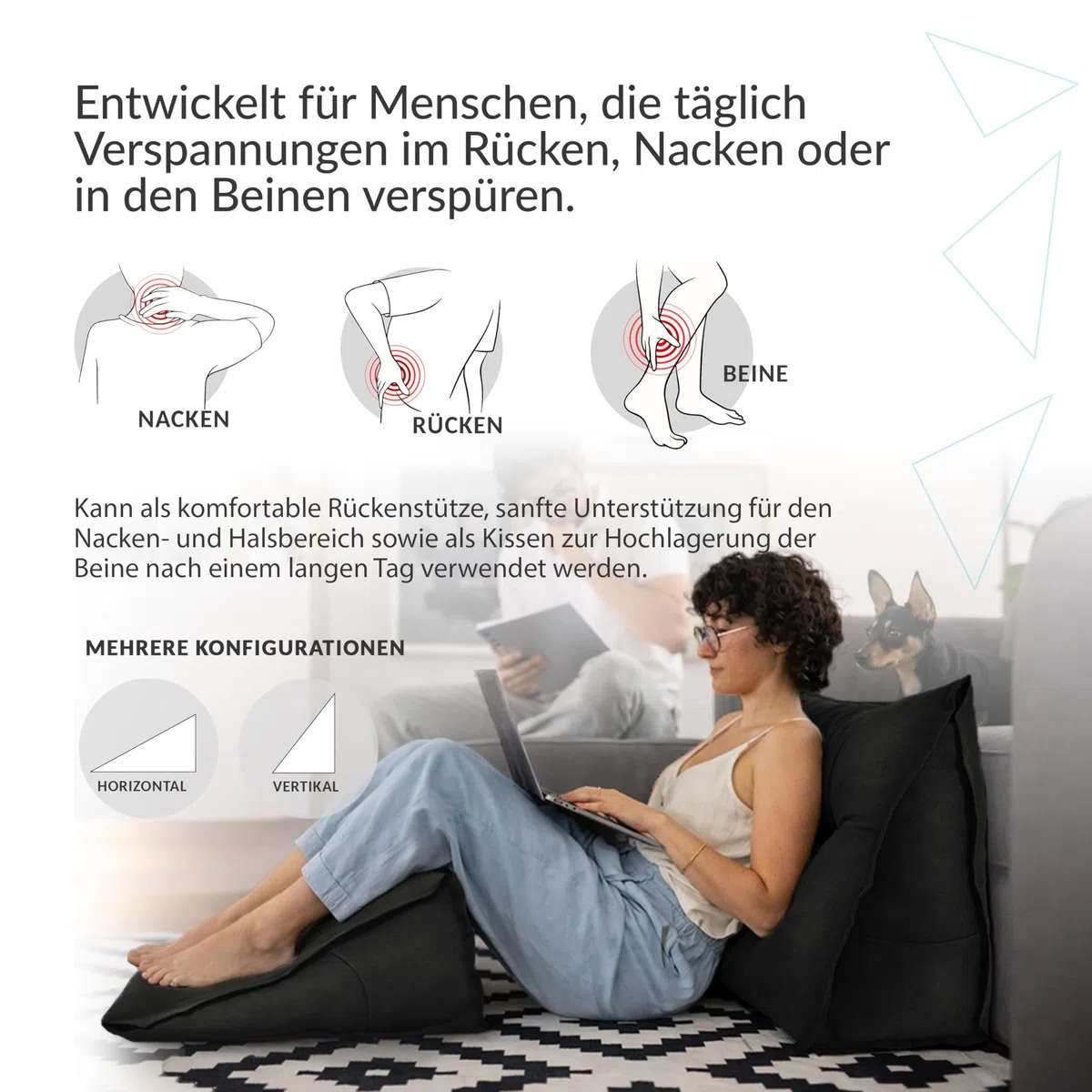 POKAR Rückenkissen 180x50x20 cm | Lesekissen für Bett und Sofa | Großes Keilkissen als Sofakissen für Rückenlehne | Wandkissen mit praktischen Seitentaschen | Oeko Tex 100 Zertifiziert | Grau