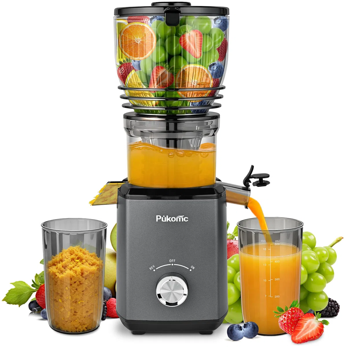 PUKOMC Kaltpressentsafter mit 14,7 cm (5,8 Zoll) großem Einwurf - Slow Juicer für ganze Früchte und Gemüse, 1,8 Liter Behälter, 300W, inklusive Reinigungsbürste und Auffangbecher, grau