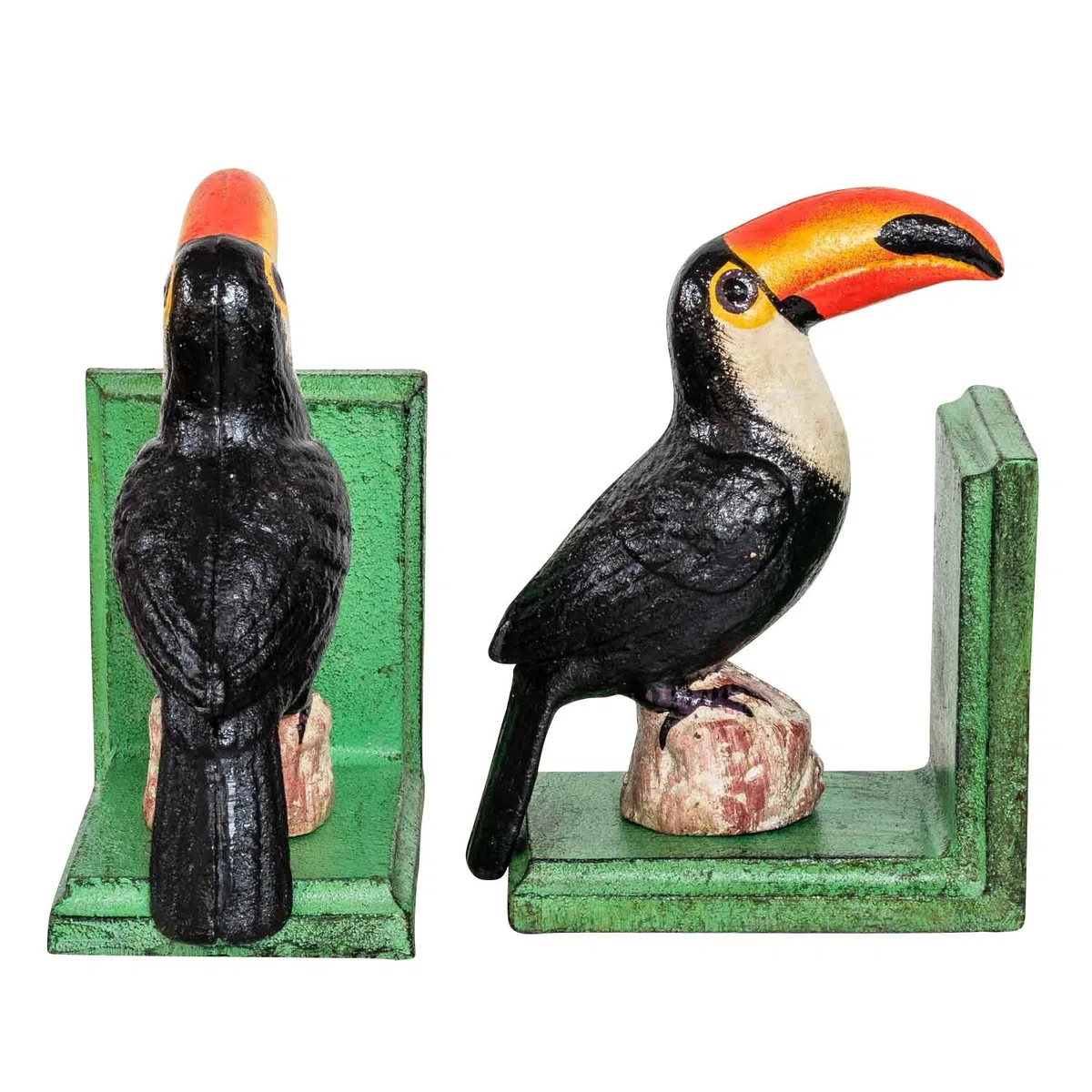 2 Buchstützen Buchständer Tukan Vogel Figur Skulptur Eisen 16cm Antik-Stil