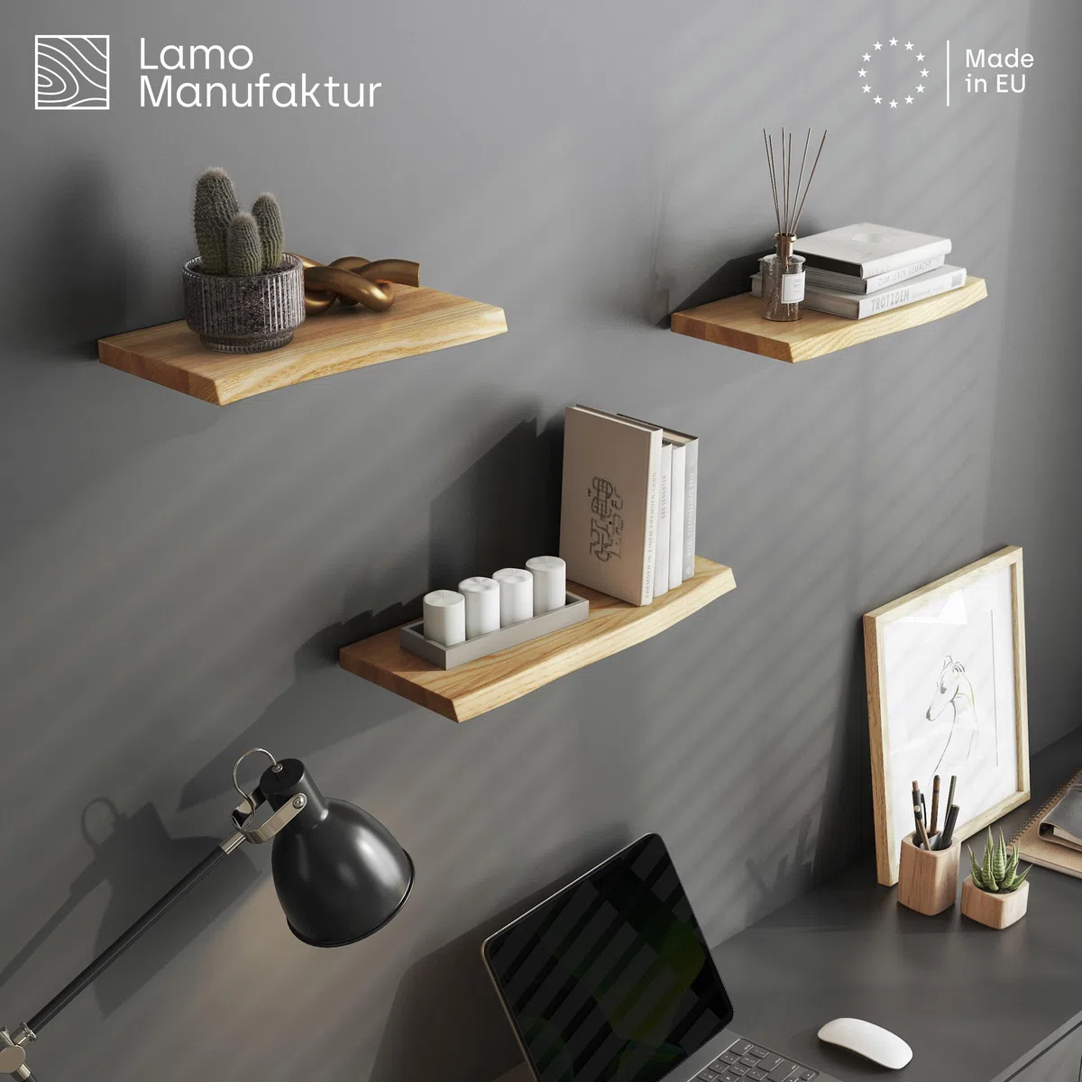 LAMO Manufaktur 3 Stück Wandregal aus Holz mit unsichtbarer Befestigung 40/35/30cm | Wandregal aus 100% echtem Holz | Hängeregal für Wohnzimmer Wandregale Set 1 Baumkante Farbe: Rustikal