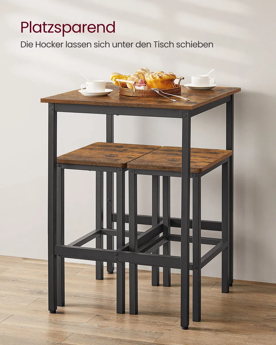 VASAGLE Bartisch mit Barhocker-Set, Esstisch mit 2 Stühlen, Küchentisch klein, Barstühle, für Esszimmer, Küche, vintagebraun-tintenschwarz LBT017B01
