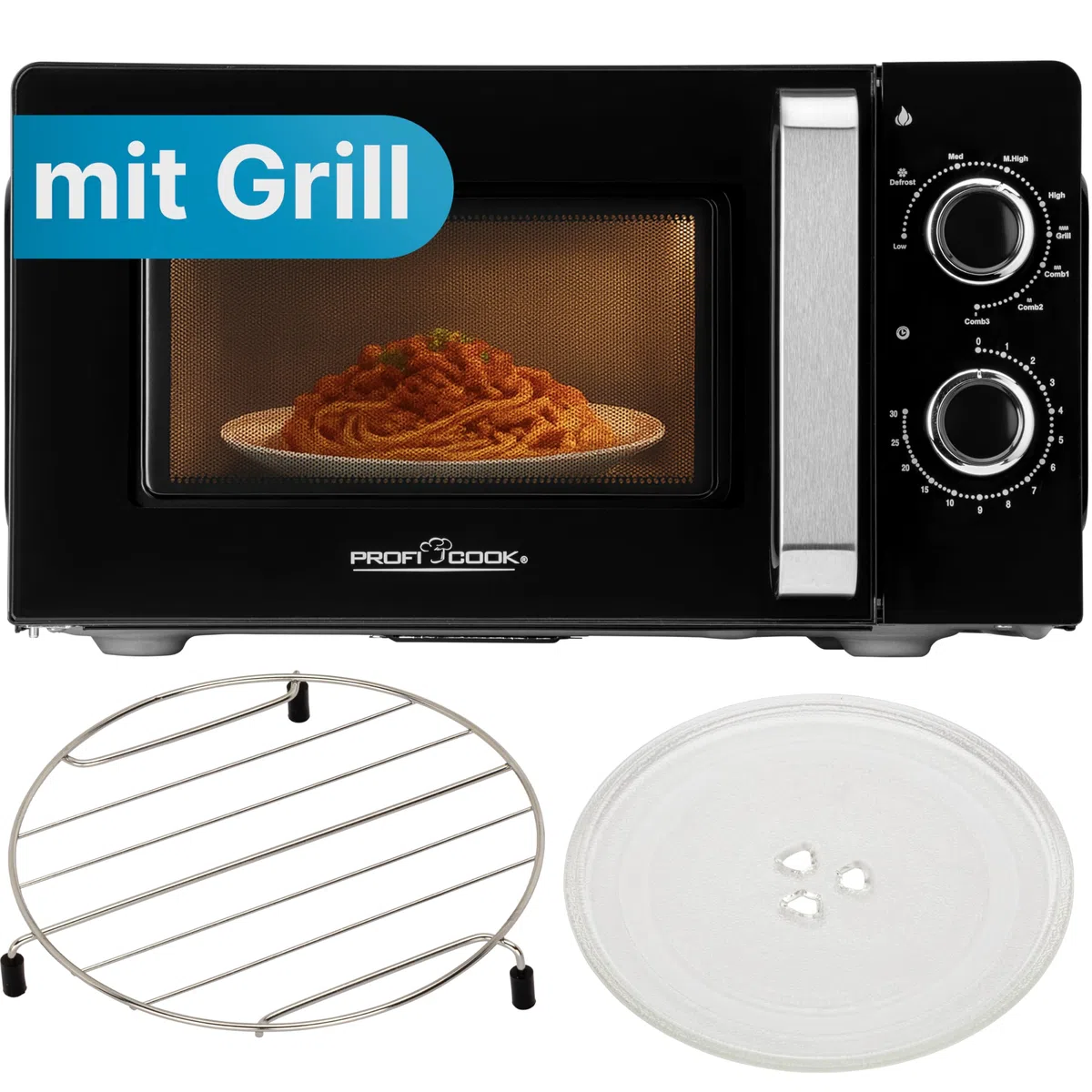 ProfiCook® Mikrowelle mit Grill | 900 Watt | 6 Stufen | 17 Liter Garraum | 360° Drehteller | Timer mit Endsignal | inkl. Grillrost | Microwelle | Microwellengerät | PC-MWG 1208 schwarz