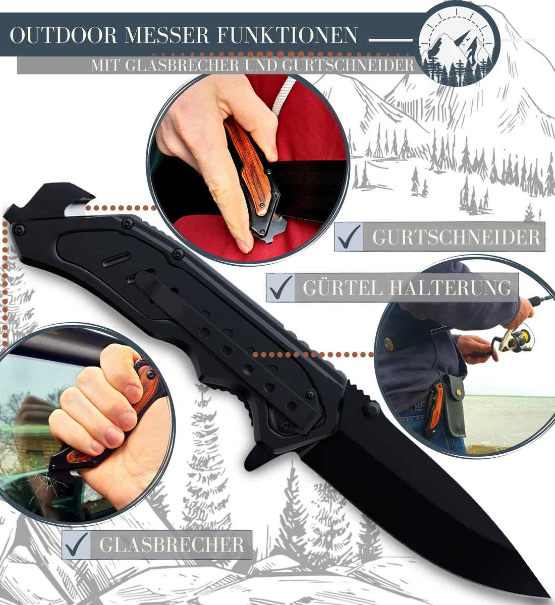 Le Flair® Outdoor Messer - Einhandmesser Taschenmesser mit 8,5cm Edelstahl Titanklinge - Survivalmesser mit Korrosionsschutz - Bushcraft Messer inkl. Messerschärfer und Magnetbox - Klappmesser
