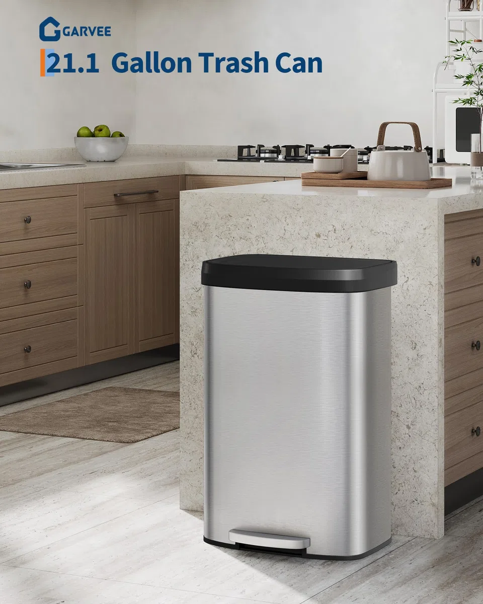 GarveeHome 80L Edelstahl Mülleimer mit Deckel, Tretmülleimer, Küche, rostfrei, Soft-Close Kunststoffdeckel