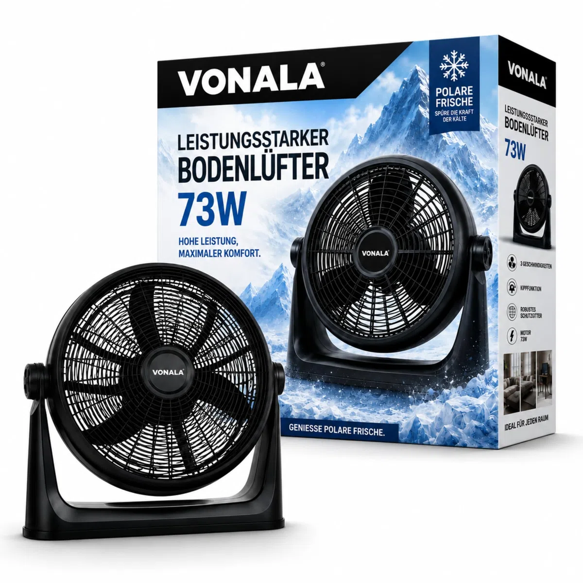 Vonala Industrieller Boden- und Wandventilator, leistungsstark, 50 cm, leise, ABS, vibrationsfrei, für den Außen- und Innenbereich, schwarz, leistungsstark, leise, 73 Watt