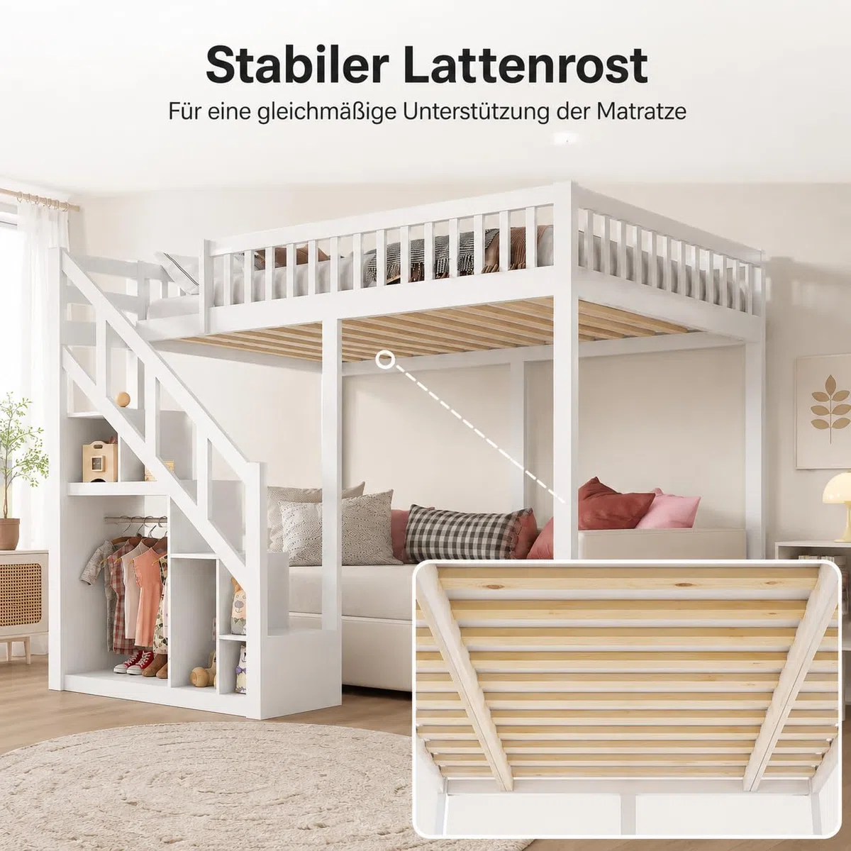 Etagenbett 90x200 cm für Kinder, Hochbett mit Treppe & Aufbewahrungsschrank, Massivholz, ohne Matratze
