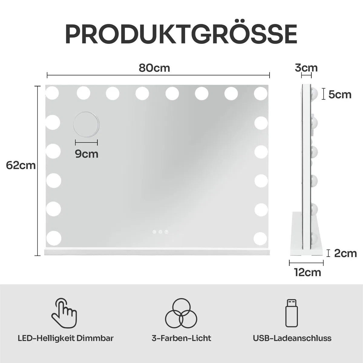 Schminkspiegel mit Beleuchtung 80x60cm Hollywood Spiegel mit Beleuchtung Kosmetikspiegel 18 LED Licht 3 Lichtfarben mit USB 10X Vergrößerung Touch Control Tischplatte (18LED-Weiß)