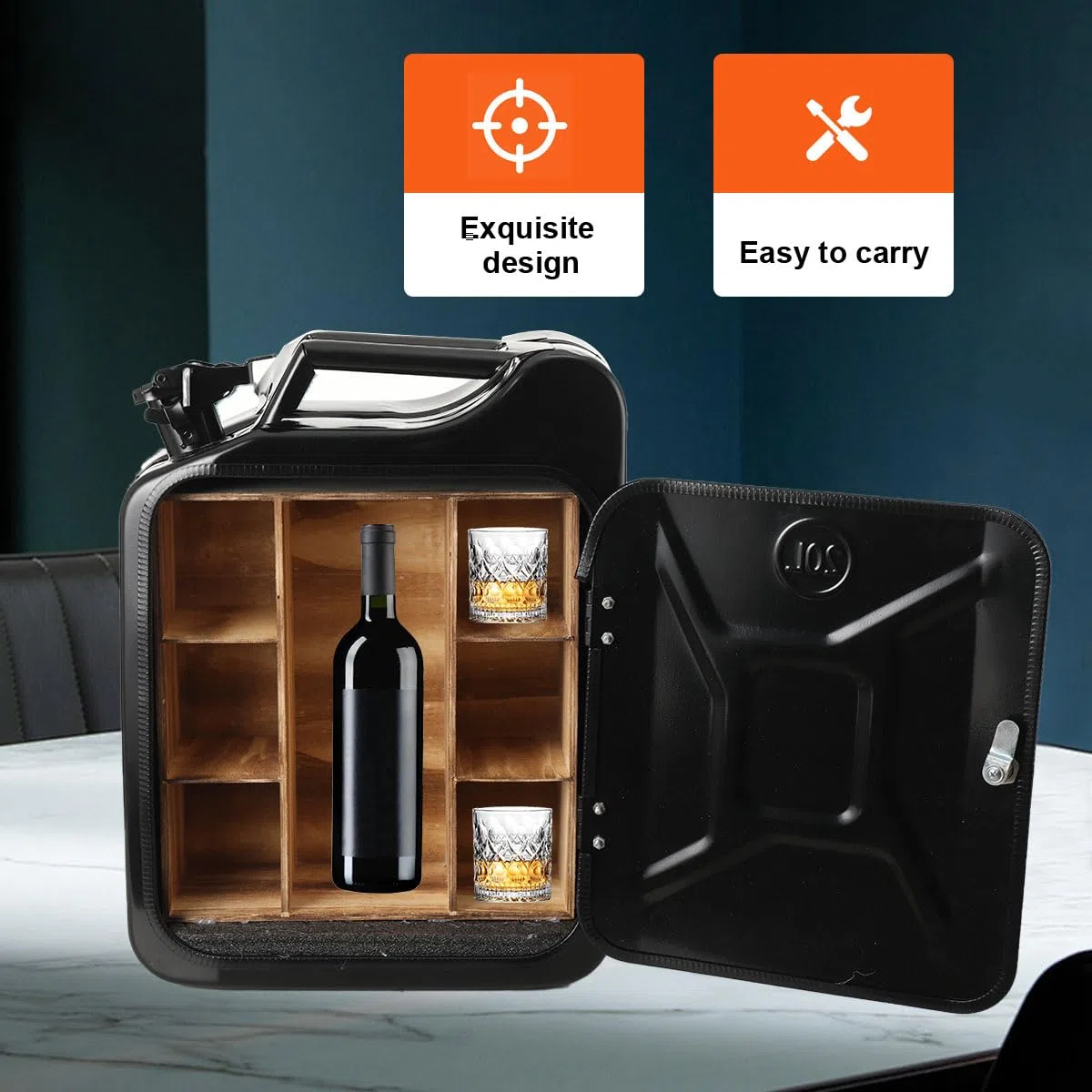 20L Kanister Bar, Männer, Abschließbare Minibar - Jerrycan 4 Fächern schwarzer Metall Mobile Bar Geburtstagsgeschenk für Männer, Abschließbarer Minibar - 34x46x16cm