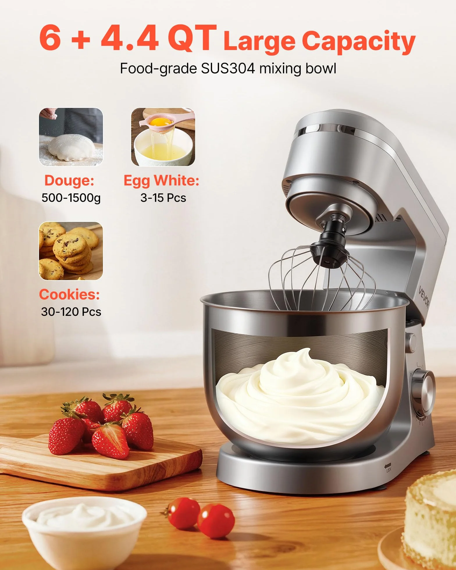 VEVOR Knetmaschine Küchenmaschine zum Backen, 1500 W Teigmaschine mit Edelstahlschüssel (5,7 L) & Knethaken & Rührbesen & Schneebesen, 10-Gang einstellbare kippbare Rührmaschine Standmixer