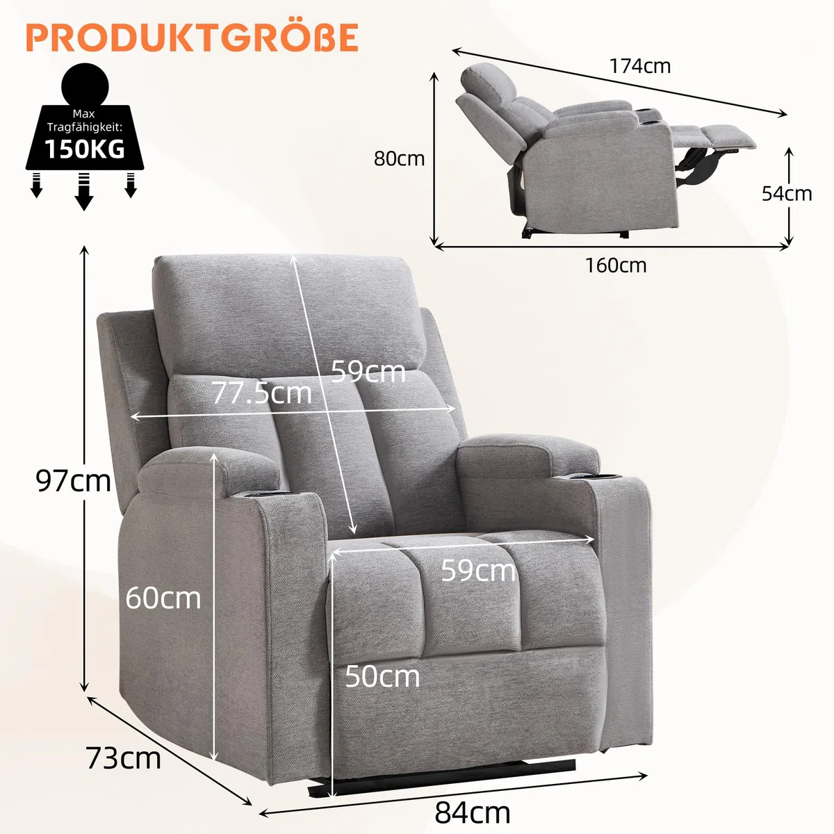Simore Relaxsessel mit Liegefunktion, Fernsehsessel manueller mit Getränkehalter, bis 150 kg, Hellgrau