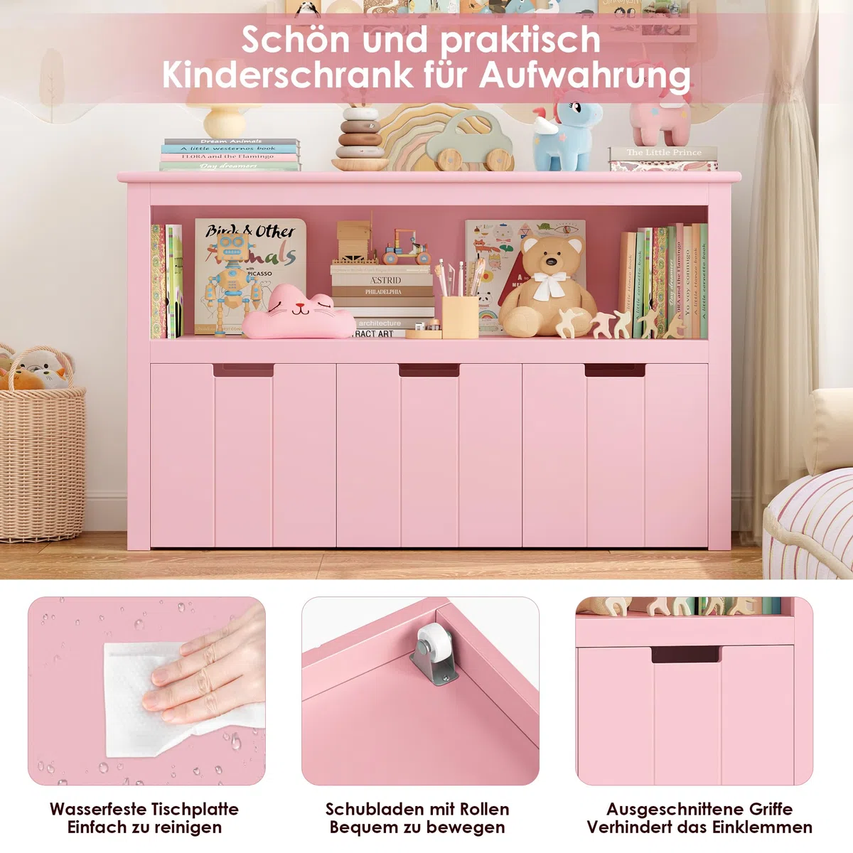 FOREHILL Kinderregal mit Boxen auf Rollen, Spielzeug Aufbewahrung Kinderzimmer Möbel, Spielzeugregal, Kinderschrank, Regal mit 3 Boxen, Truhen & Kisten für Kinder 102 x 33 x 61,5cm Rosa