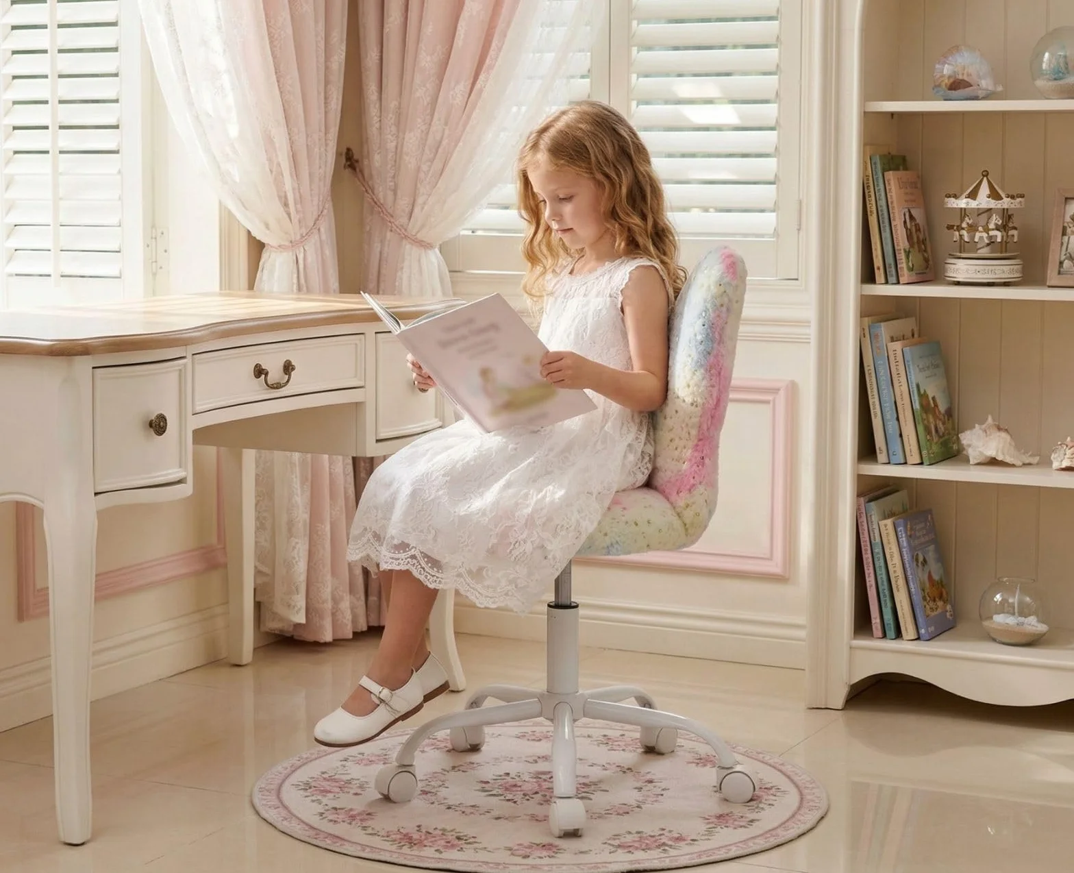 chairus Kunstfell Kinder Schreibtischstuhl für Kinderzimmer Höhenverstellbarer Jungendstuhl ohne Armlehne Drehstuhl für Kinder (Rosa)