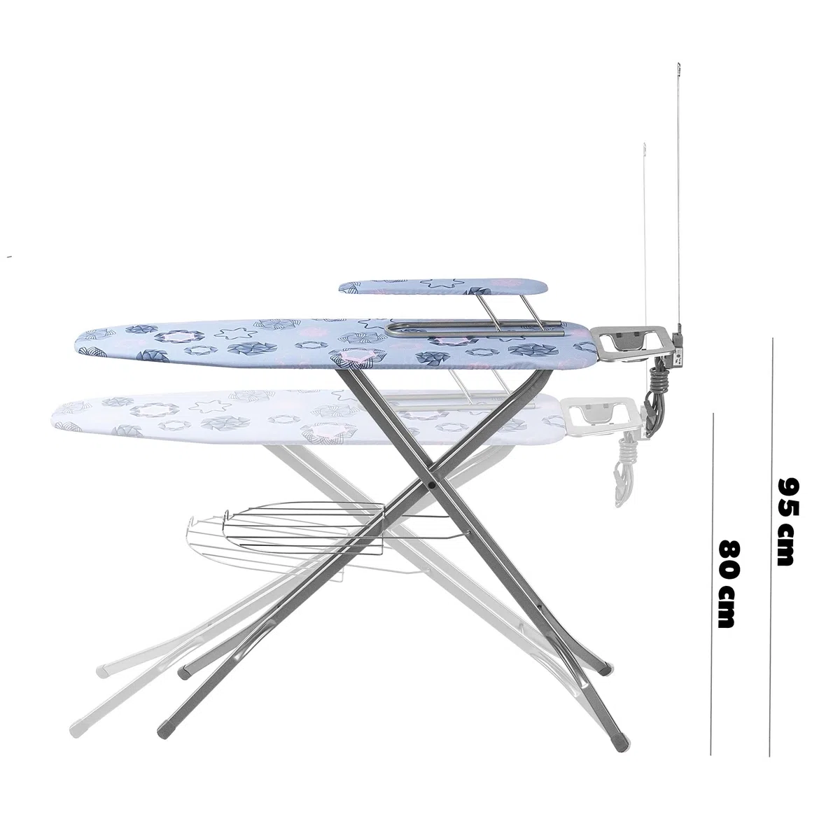 KADAX großes Bügelbrett 120x30cm mit Ärmelbügelbrett 49x11cm - Stabiler Bügeltisch für Dampfbügelstation, klappbar, höhenverstellbar, mit hitzebeständiger Bügeleisenablage