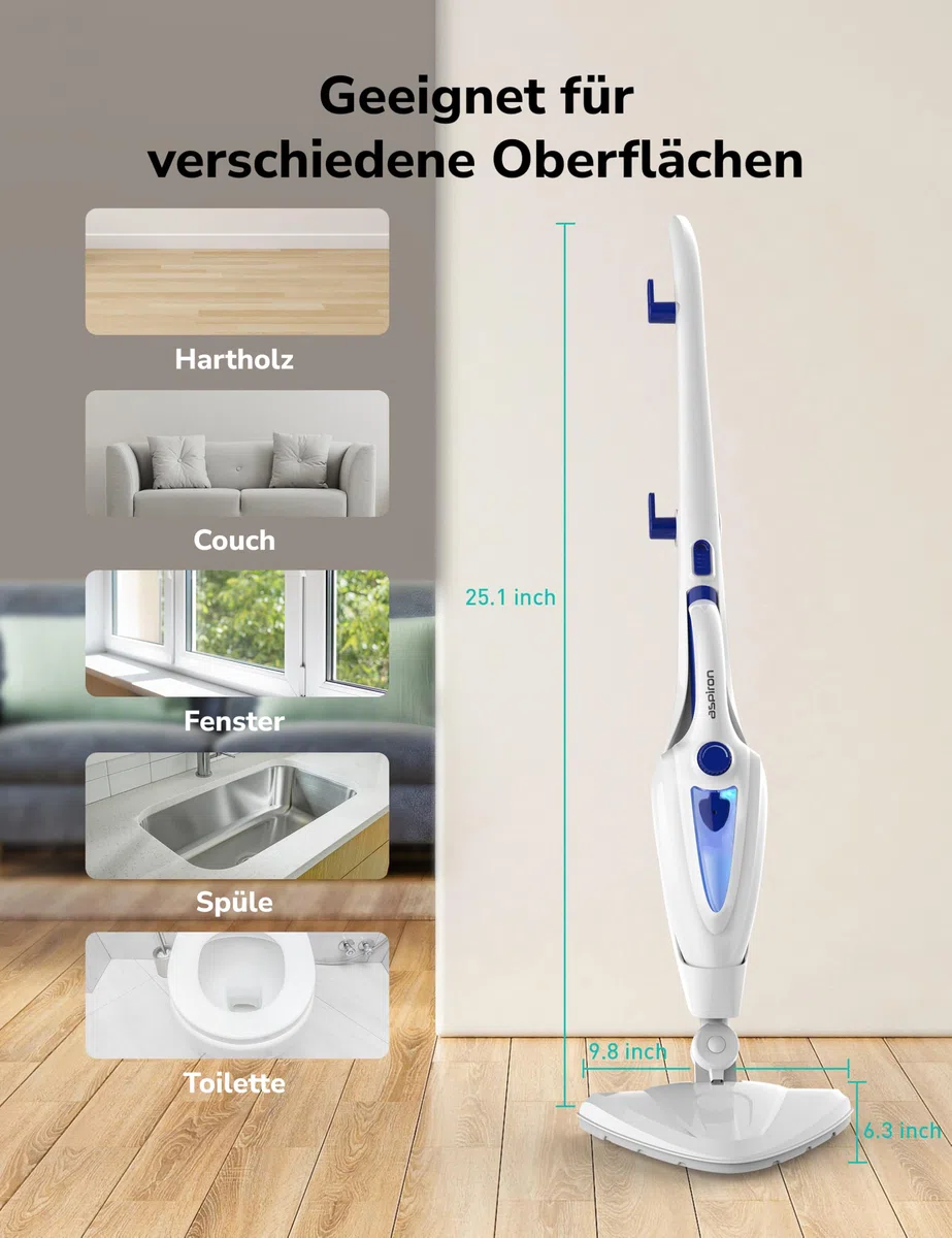 12-in-1 Dampfreiniger Bodenreiniger, 1500W Steam Mop mit Handgerät, 15 Sek. Schnellaufheizung, 30g/min Dampf, entfernt 99,99% Schmutz, für Fliesen, Laminat, Fenster, Sofa, Kleidung, Haushalt