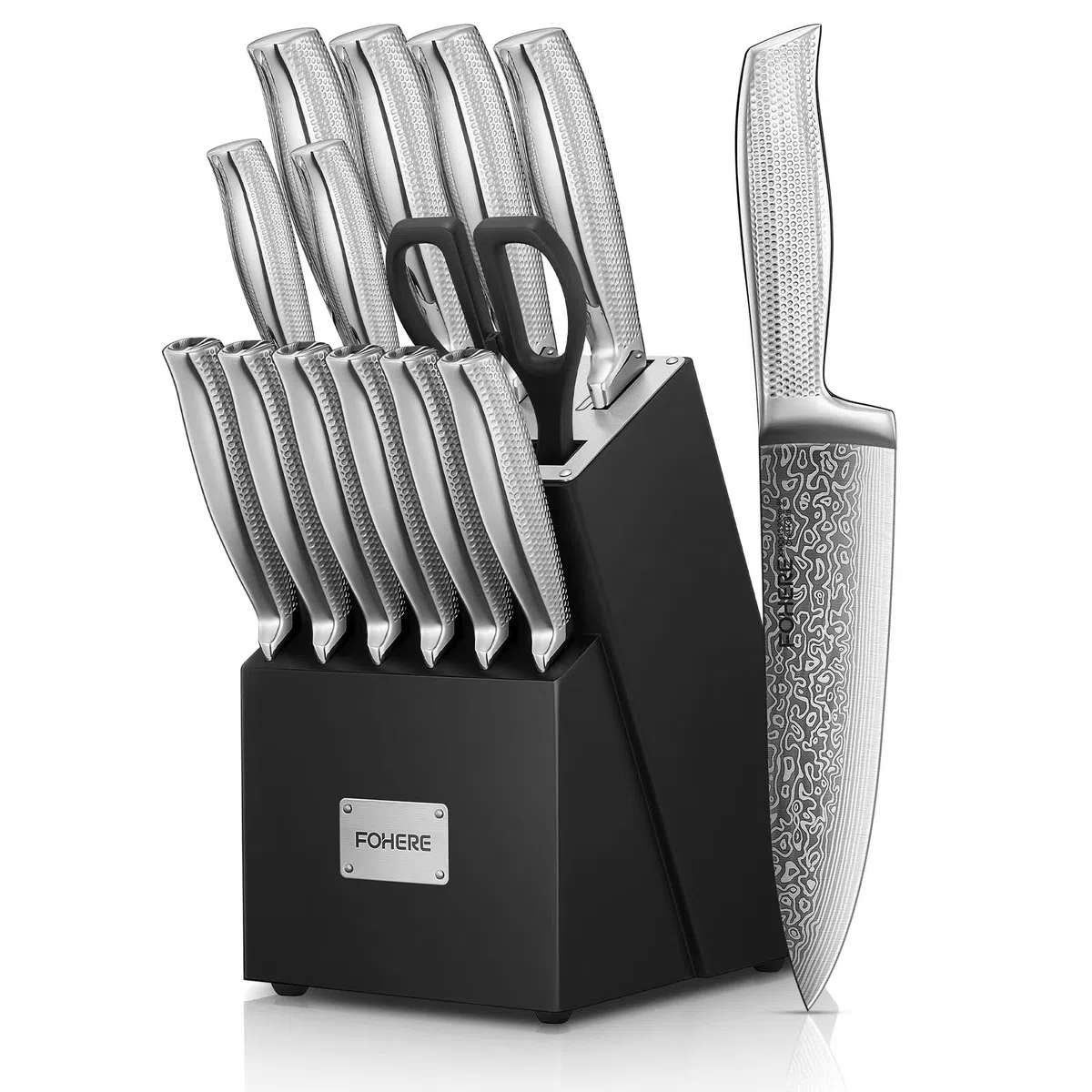 Messerblock Set, FOHERE 14-teilig Selbstschärfender Messerblock, Scharfes Messerset mit Holzblock, Ergonomischer, Rutschfester Griff aus Edelstahl, Profi Küchenmesser Set, Ideal als Geschenk