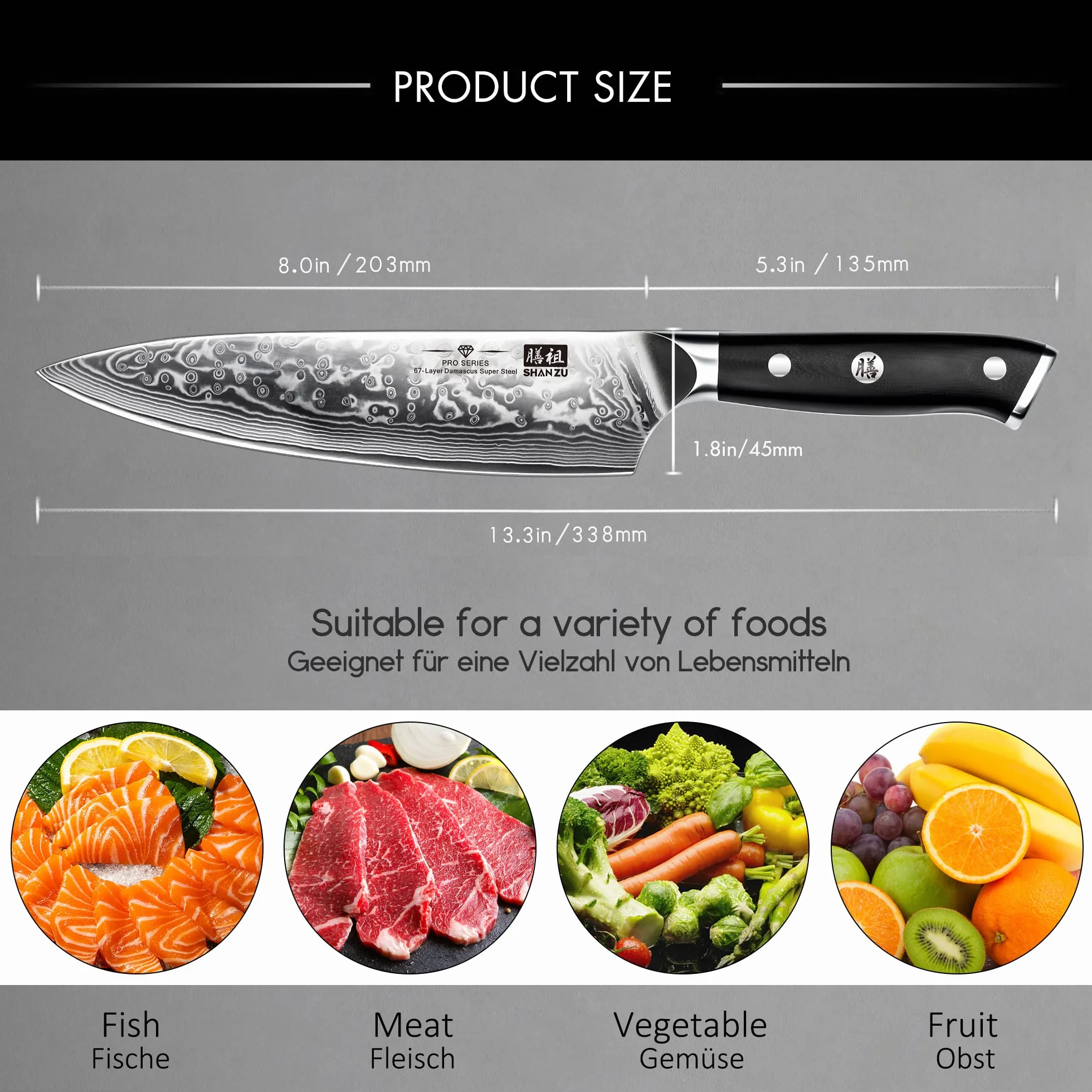 SHAN ZU Damastmesser Kochmesser 67 Schichten Damaststahl Küchenmesser mit G10 Griff 20CM - PRO Series