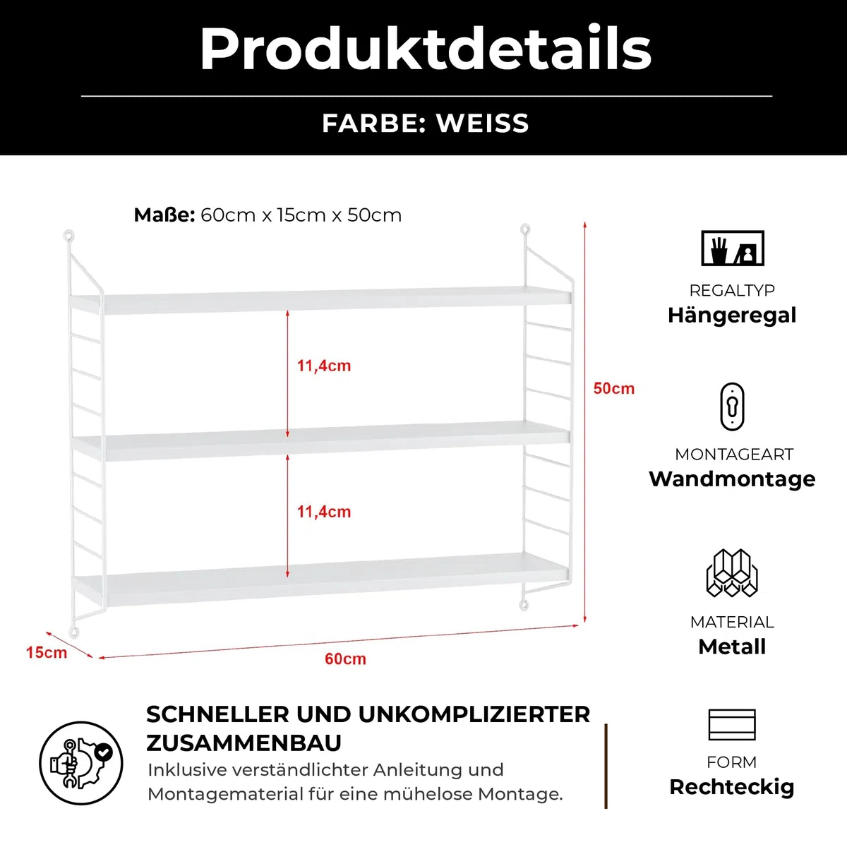 [en.casa] Modulares Wandregal Strängnäs Metallregal Weiß Hängeregal mit 3 Regalböden Badregal Küchenwandregal Wandablage Wohnzimmer