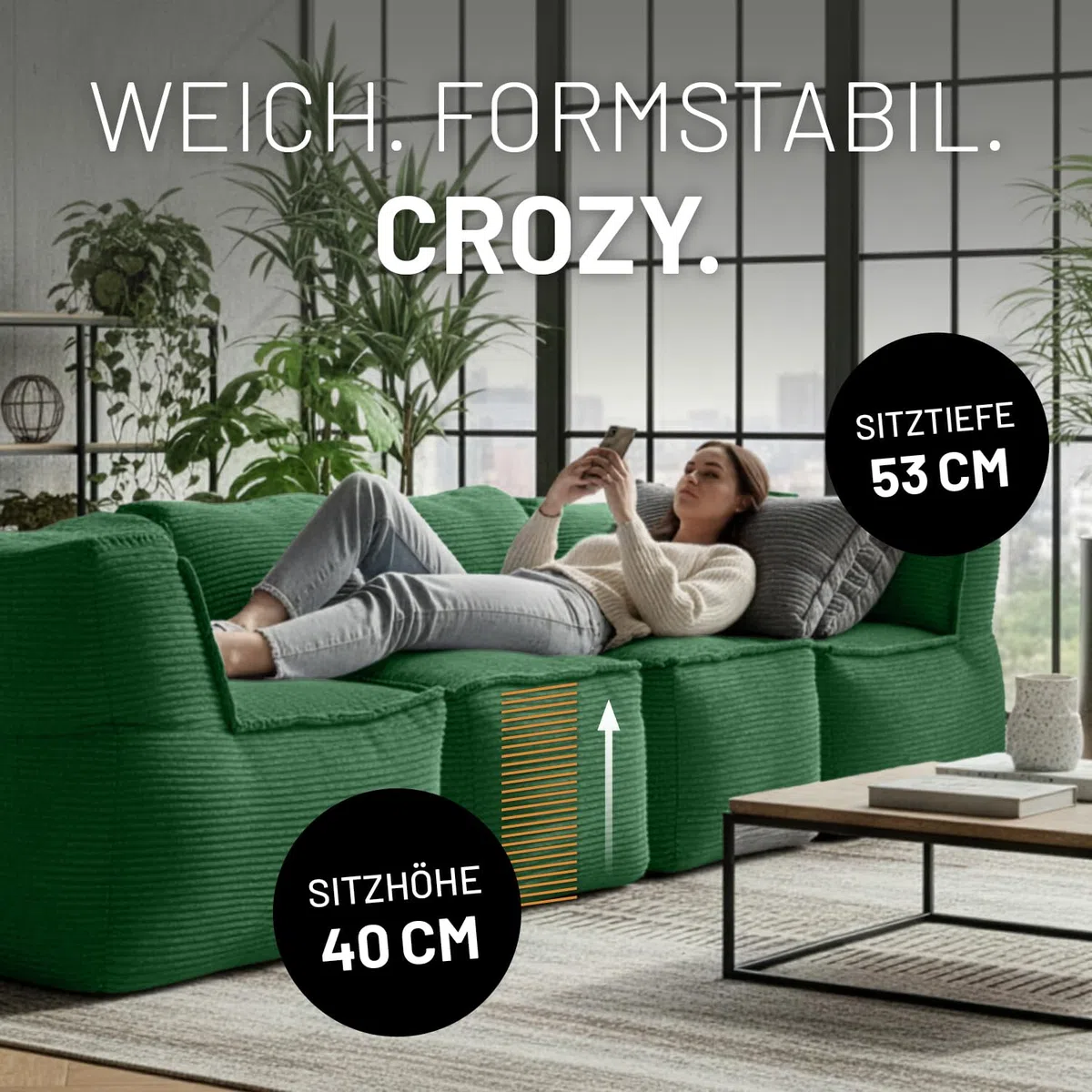 LUMALAND Modular Sitzsack Mitte Cord 200 L für Modulares Sofa | ideales Match mit Sessel & Pouf | EPS Perlen Bean Bag mit Füllung | Indoor Lounge Sitzkissen waschbar für Wohnzimmer, Schlafzimmer & Co.
