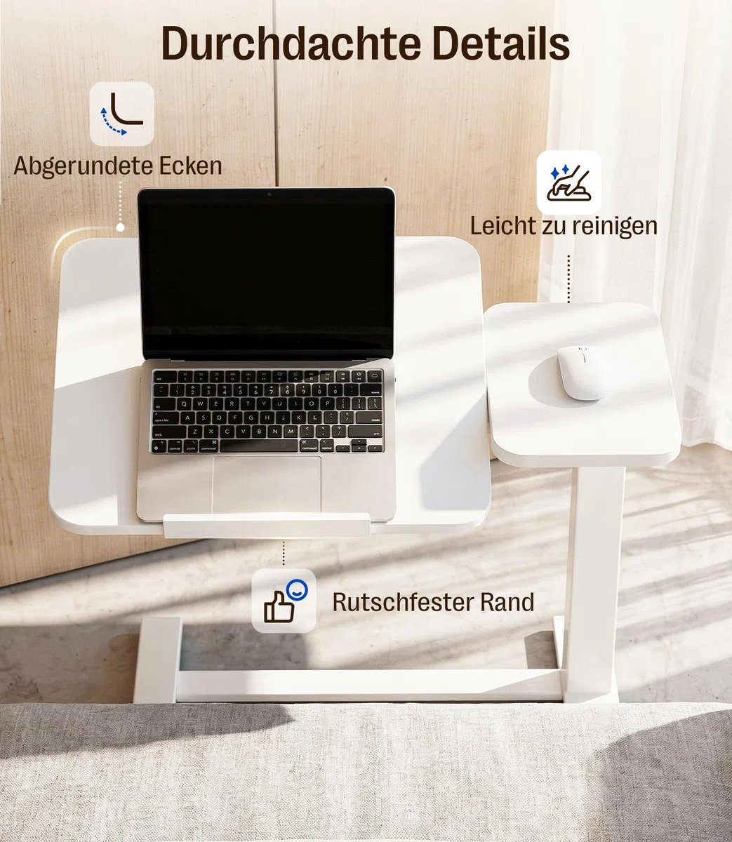 MAIDeSITe Beistelltisch C-Form mit Rollen,höhenverstellbarer Laptoptisch für Sofa&Bett,mobiler Beistelltisch mit geteiltem Tischdesign für Wohnzimmer&Schlafzimmer-Weiß