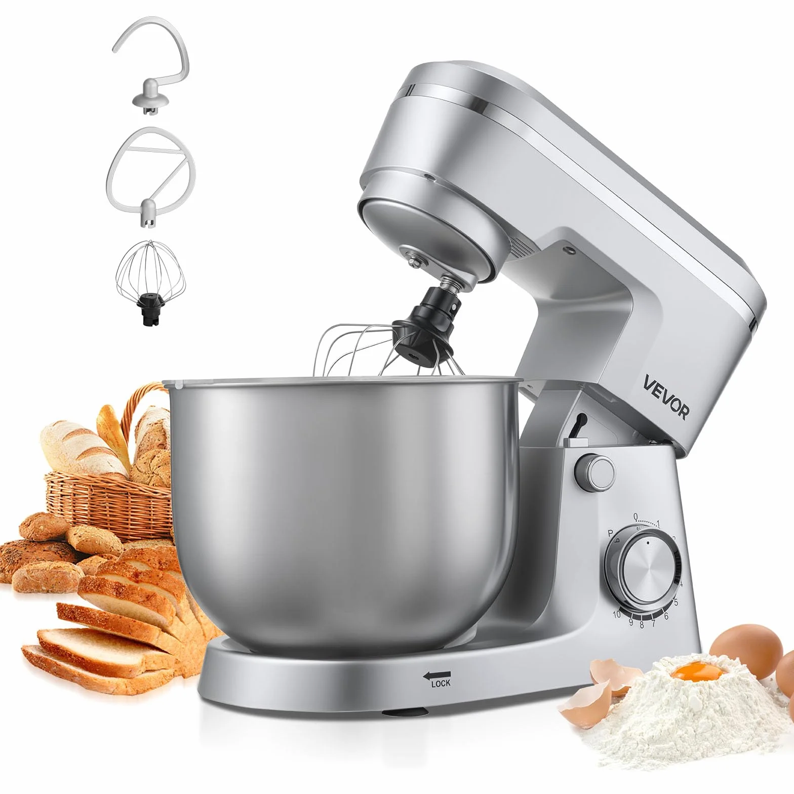 VEVOR Knetmaschine Küchenmaschine zum Backen, 1500 W Teigmaschine mit Edelstahlschüssel (5,7 L) & Knethaken & Rührbesen & Schneebesen, 10-Gang einstellbare kippbare Rührmaschine Standmixer