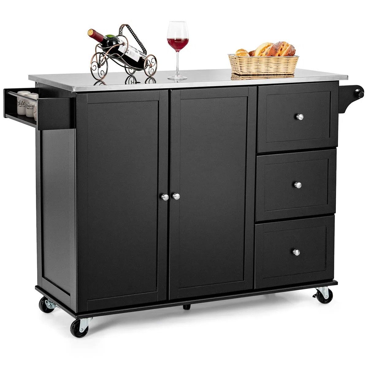 GIANTEX Küchenwagen mit Edelstahlplatte, Rollen, 3 Schubladen, verstellbaren Ablagen, Servierwagen Holz, 135x45,5x91,5cm Schwarz