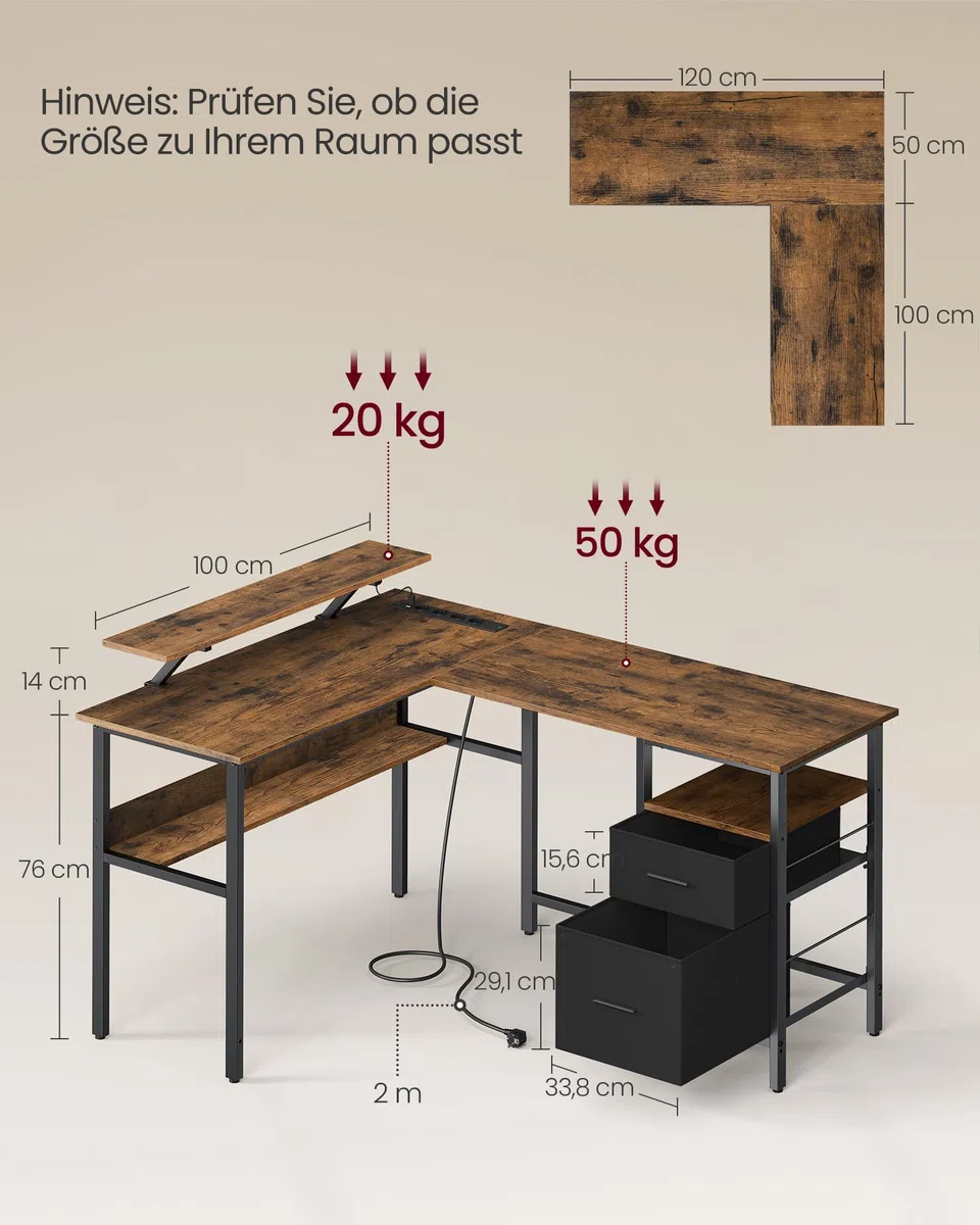VASAGLE L-förmiger Schreibtisch mit Steckdosen, Eckschreibtisch, Computertisch, Monitorständer, Gaming-Tisch, LED-Beleuchtung, USB-Anschlüsse, 150 x 120 x 76 cm, Homeoffice, vintagebraun LWD095K01